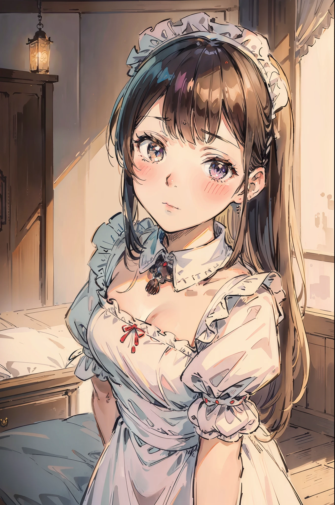 masutepiece, Best Quality, Dress, Puffy sleeves, maid apronl, Maid headdress, Cowboy Shot, Blushing, avoiding eye contact, Bedroom,