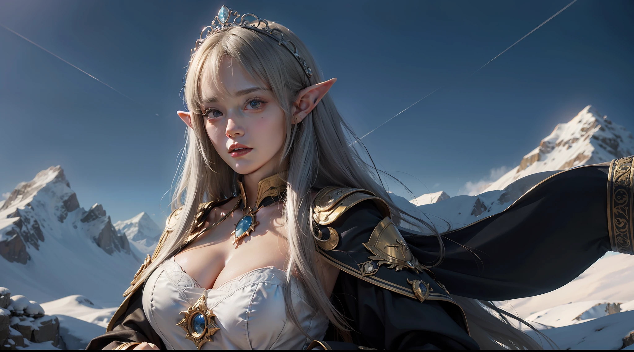 (Award-winning digital artwork:1.3) af (sketching:1.3),(with dynamism:1.3),(Saturation:1.3),(Close portrait:1.3),(femele:1.4),(big breasts beautiful: 1.4),(carismatic:1.3),Female elf,pelt coats,complex patterns,Perfect Detailed Eyes,Snow-capped mountains in the background,sky-high tower,Film filter, ,dramatics,dynamicposes,illusory engine, (High detail: 1.9),mystic symbols,((Glowing scepter)),