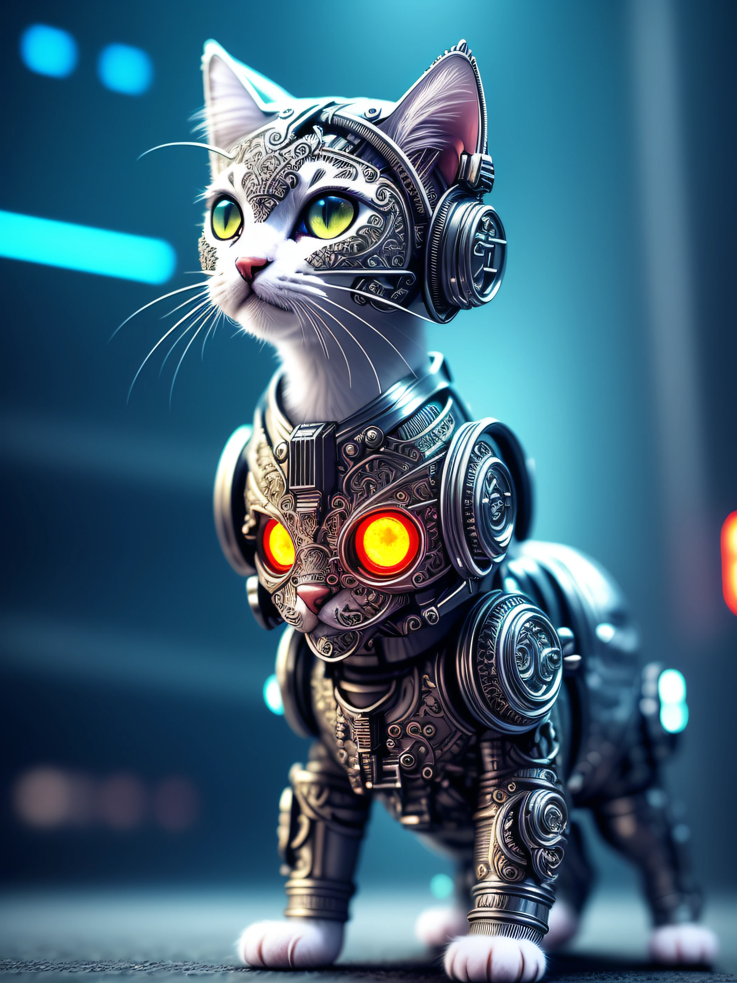 a cute kitten made out of metal, cyborg, cyberpunk style, ((intricate details)), hdr, ((intricate details, hyperdetailed)), cinematic shot, vignette