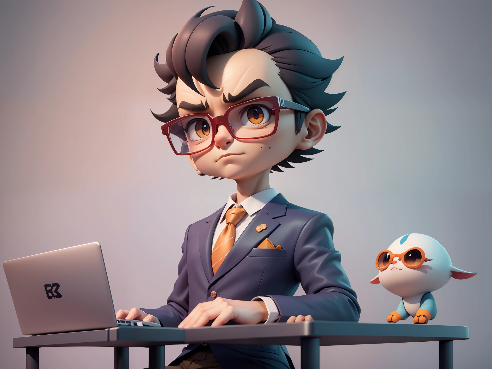 A young man in a suit, Short hair and glasses sat at his desk，holding laptop，digitial painting，tigre，3D character design by Mark Clairen and Pixar and Hayao Miyazaki and Akira Toriyama，4K HD illustration，Very detailed facial features and cartoon-style visuals。