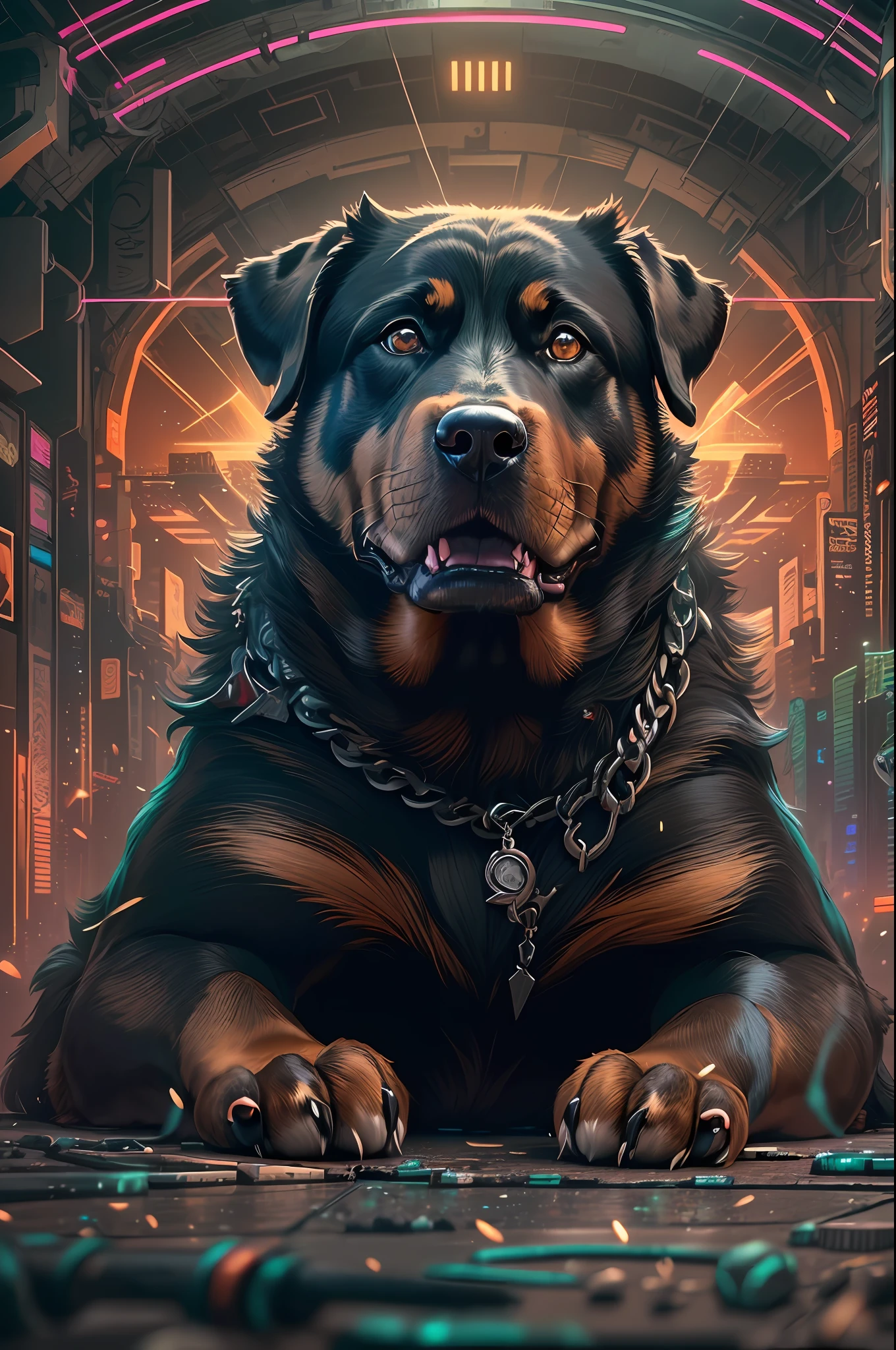 (Animal Warrior style:1.2), (Big muscular Black and brown Dog Rottweiler), (in a attack possition:1.2) (Magical, Cyberpunk background UHD, 8K, intricate details:1.2)