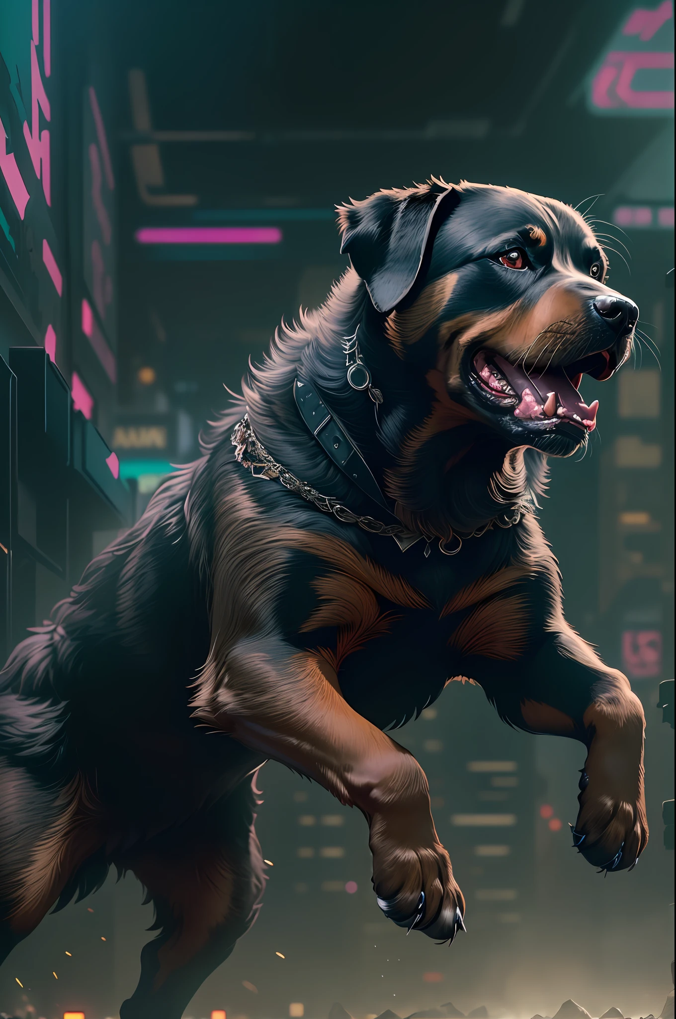 (Animal Warrior style:1.2), (Big muscular Black and brown Dog Rottweiler), (in a attack possition:1.2) (Magical, Cyberpunk background  UHD, 8K, intricate details:1.2)