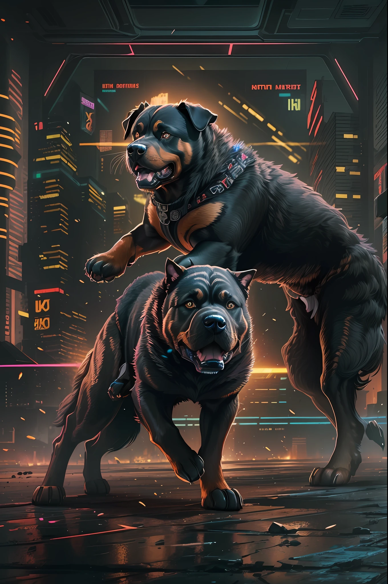 (Animal Warrior style:1.2), (Big muscular Black and brown Dog Rottweiler), (in a attack possition:1.2) (Magical, Cyberpunk background  UHD, 8K, intricate details:1.2)