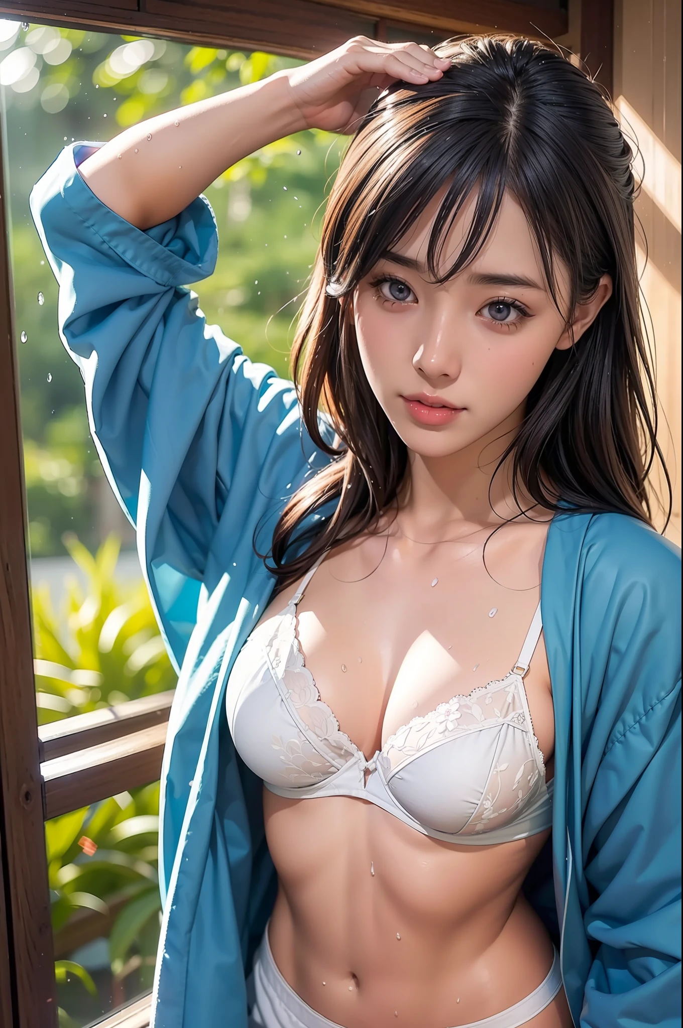 Seiza、Wipe your armpits with a towel、femele、A dark-haired、Close long hair、big eye、Double eyes、Beautiful skins、large full breasts、Wearing a kendo kimono、Dark blue hakama、Open jacket、White bra、lace bra、Heavy sweat、Wet hair、Covered with water、top-quality、​masterpiece、photogenic、Front Focus:1.0、depth of fields,bokeh dof、Midsummer gymnasium、in a house、