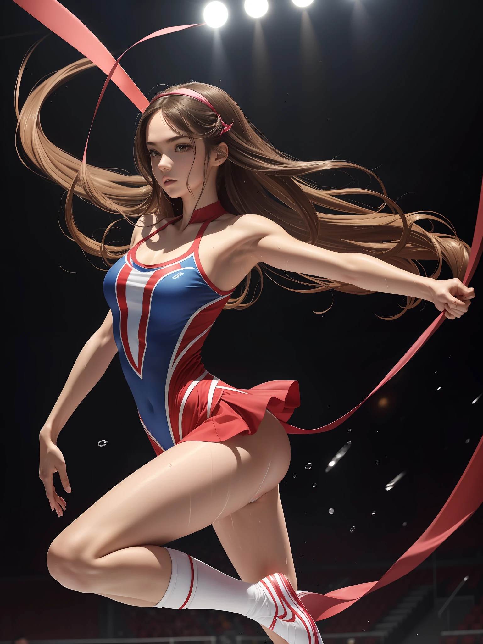 Solo, Full body, (masutepiece, of the highest quality, Highest Quality, Official art, beautiful aesthetic: 1.2), (1 girl: 1.3), Long hair, Supreme Detail, rhythmic gymnastics uniform,small head,Large breasts,nice legs,Wet skin,Sweat,At rhythmic gymnastics venue,from side