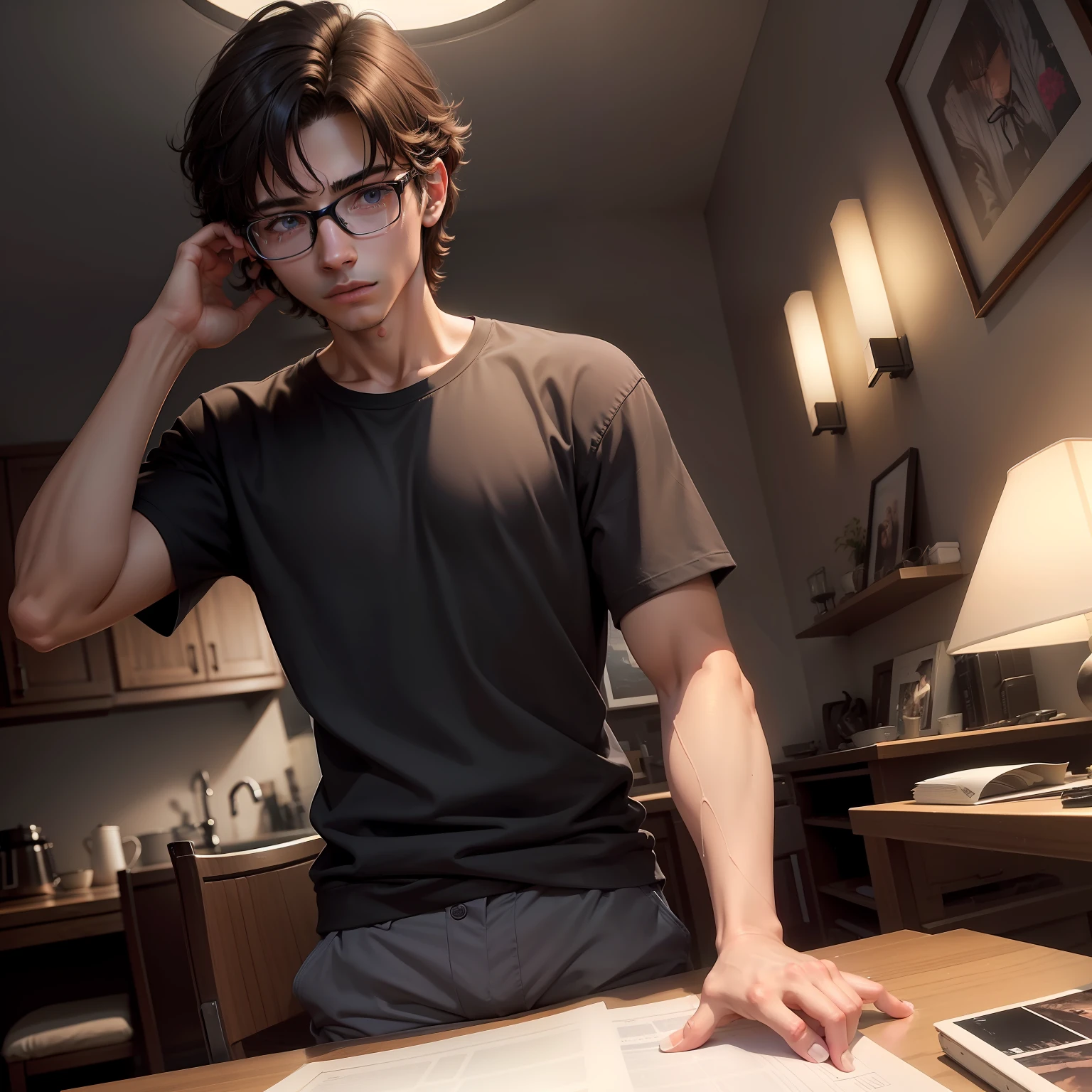 A ager male, brunette color hair, wears glasses, The shirt, trouser, Dark early morning, dining table, At home , eyes reflection, streaming tears, in a panoramic view, Ray traching, reflective light, , cinmatic lighting, , tmasterpiece, best qualtiy, high detal, A high resolution, ccurate, textureskin, high qulity, hyper HD, k hd