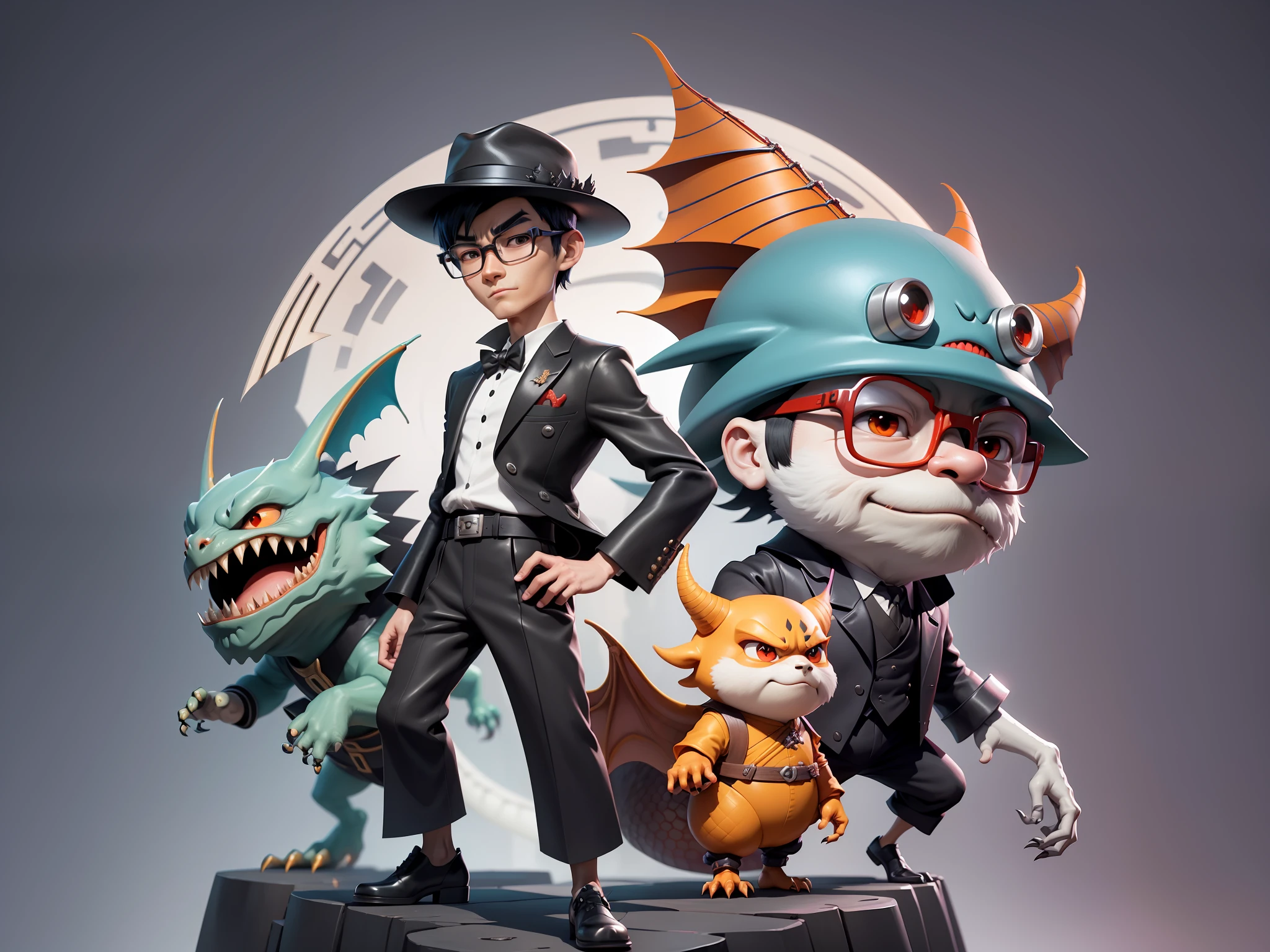 Young man with oriental face in leather hat, dragon, formal suit, short black hair, silver glasses, digital painting, 3D character design by Mark Clairedon and Pixar and Hayao Miyazaki and Akira Toriyama, the illustration is a high-definition illustration in 4K resolution with very detailed facial features and cartoon-style visuals.
