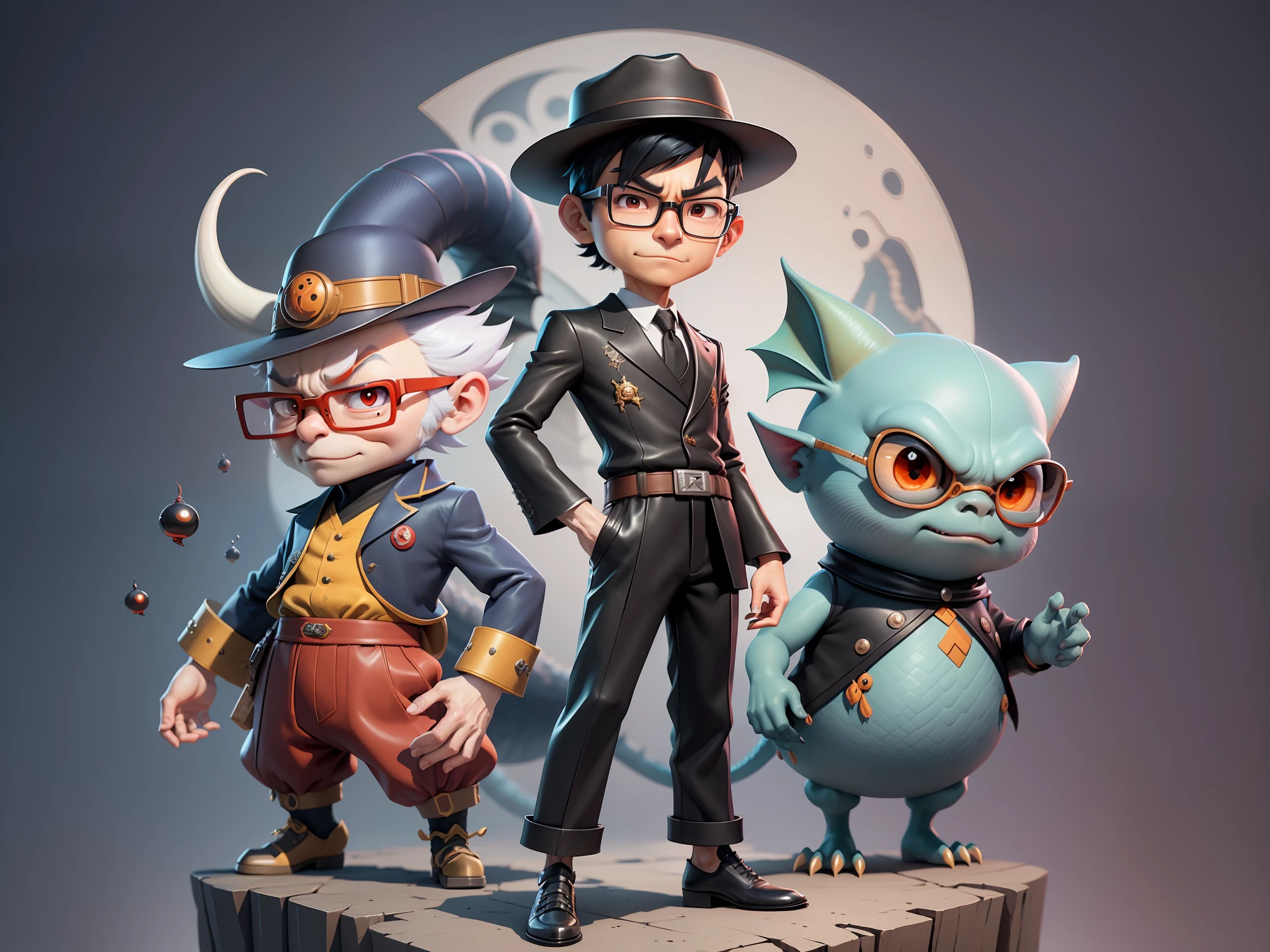 Young man with oriental face in leather hat, dragon, formal suit, short black hair, silver glasses, digital painting, 3D character design by Mark Clairedon and Pixar and Hayao Miyazaki and Akira Toriyama, the illustration is a high-definition illustration in 4K resolution with very detailed facial features and cartoon-style visuals.