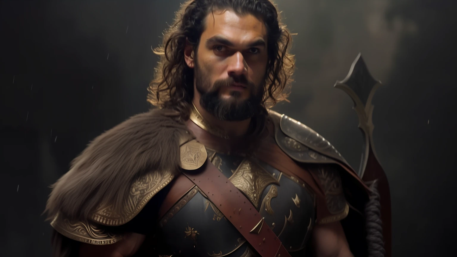 um homem de armadura com uma espada e uma barba, jason momoa as assyrian, Directed by: Roman Bezpalkiv, Henry Cavill como um deus grego, kerem beyit, henry cavill is a greek god, Henry Cavill como um guerreiro, ares com armadura pesada e espada, Vigo, the Carpathian, maximus jacobs, Directed by: Luis Miranda
