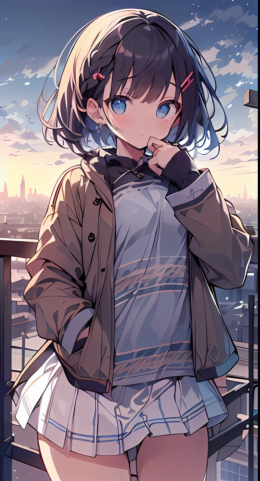 masutepiece, Best Quality,Illustration, Wallpaper, Ultra Detail, absurderes, 1loli, Solo, (Medium short hair、short braided hair), Beautiful detailed eyes , (Street), luminous sky,(a panoramic view:1.3),(Sense of depth:1.5)