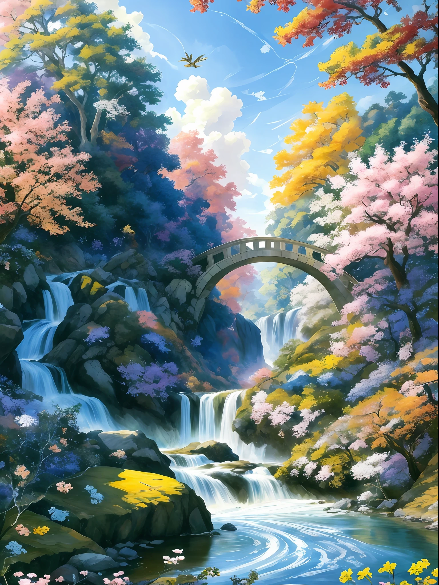 Pintura de una cascada y un puente en un hermoso bosque, Hermoso arte UHD 4 K, Anime Hermosa escena de paz, Flores y cascadas, Colorful magic crystal bridge, Naturaleza del anime, fairyland bridge, Hermoso escenario de anime, Arte de fondo del anime, Anime Nature Wallpap, Obras de arte de paisajes, dream scenery art, Paisaje rural del anime, scenery art detailed, Paisaje de anime fondo de pantalla