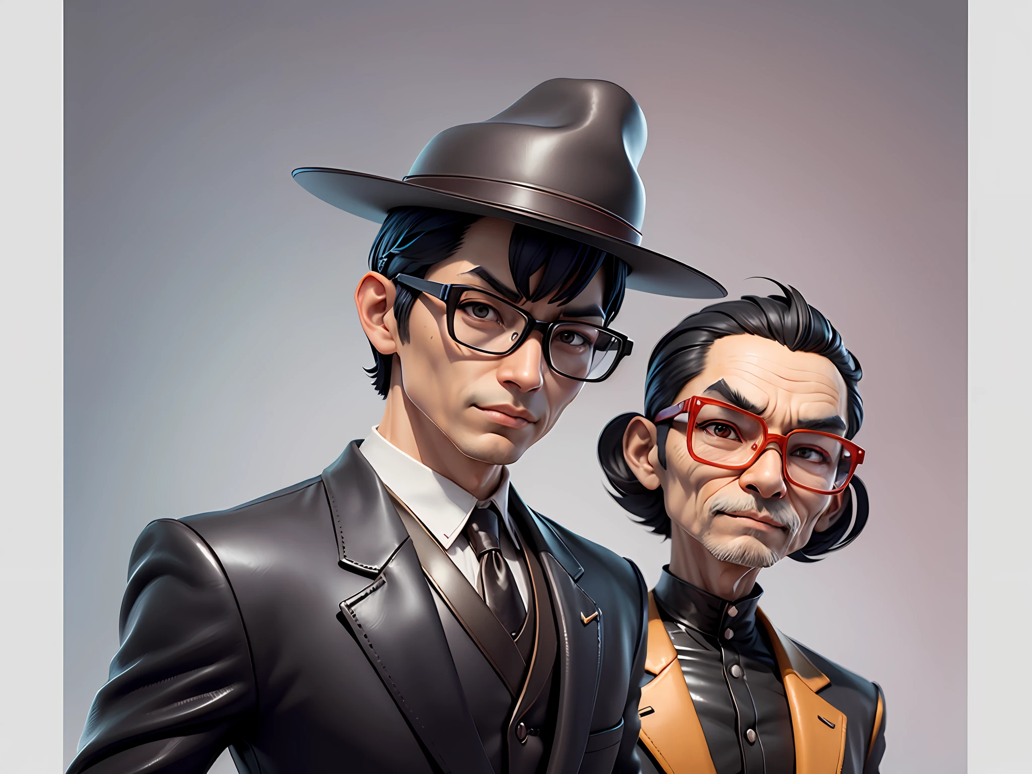 Young man with oriental face in leather hat, tiger, oriental face in formal suit, short black hair, silver glasses, digital painting, 3D character design by Mark Clairedon and Pixar and Hayao Miyazaki and Akira Toriyama, the illustration is a high-definition illustration in 4K resolution with very detailed facial features and cartoon-style visuals.