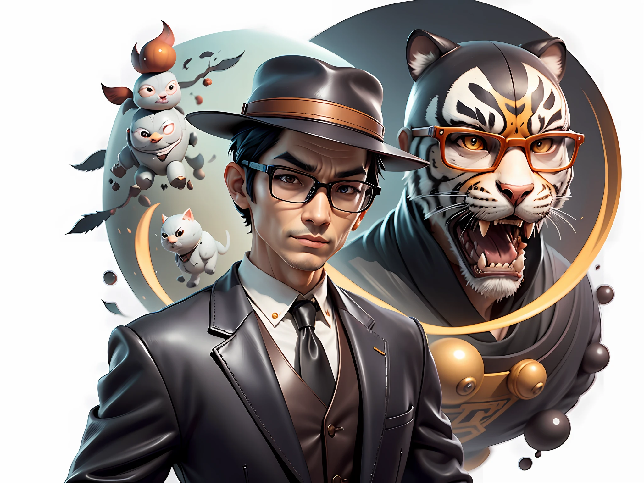 Young man with oriental face in leather hat, tiger, oriental face in formal suit, short black hair, silver glasses, digital painting, 3D character design by Mark Clairedon and Pixar and Hayao Miyazaki and Akira Toriyama, the illustration is a high-definition illustration in 4K resolution with very detailed facial features and cartoon-style visuals.