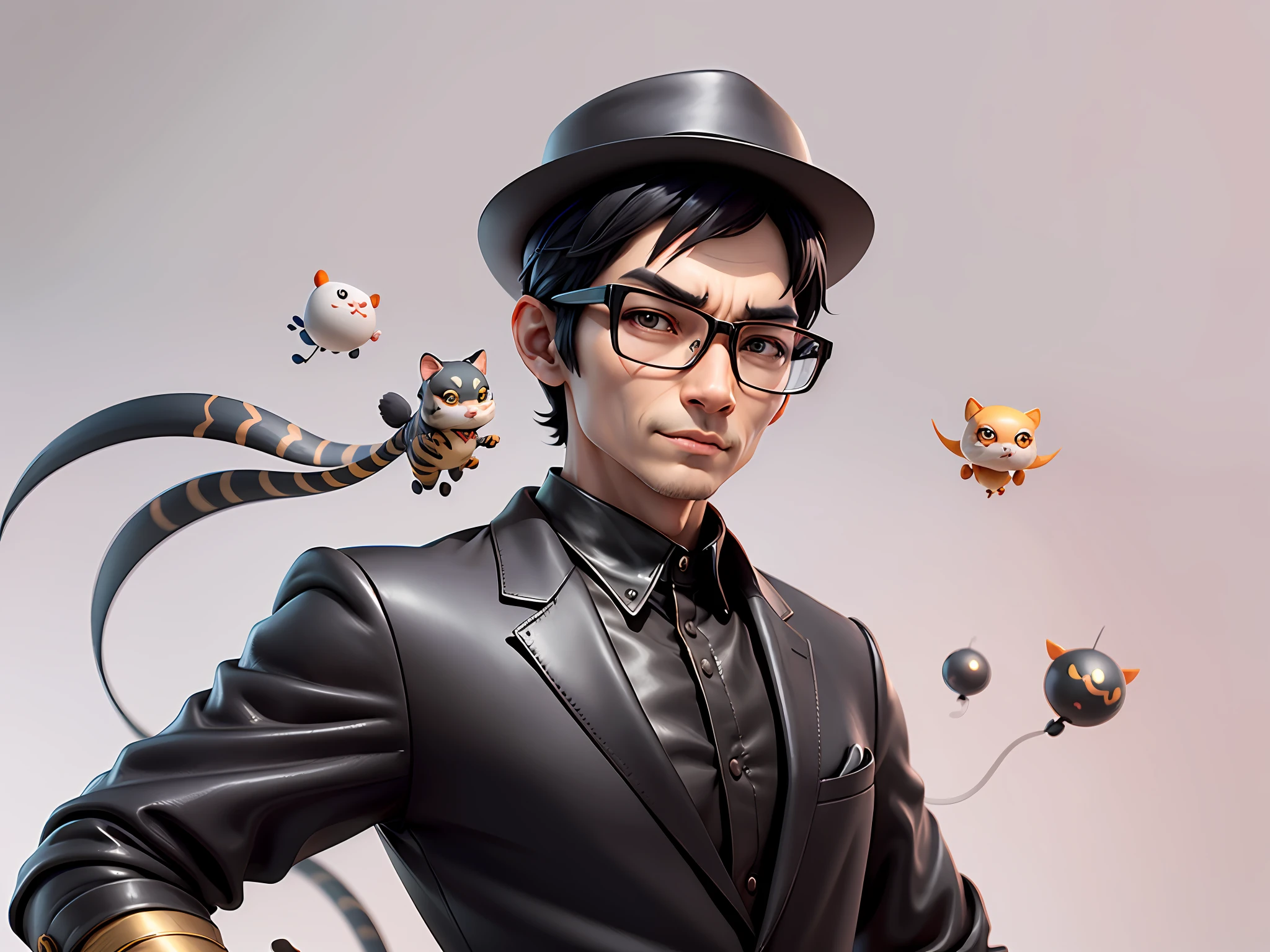 Young man with oriental face in leather hat, tiger, oriental face in formal suit, short black hair, silver glasses, digital painting, 3D character design by Mark Clairedon and Pixar and Hayao Miyazaki and Akira Toriyama, the illustration is a high-definition illustration in 4K resolution with very detailed facial features and cartoon-style visuals.