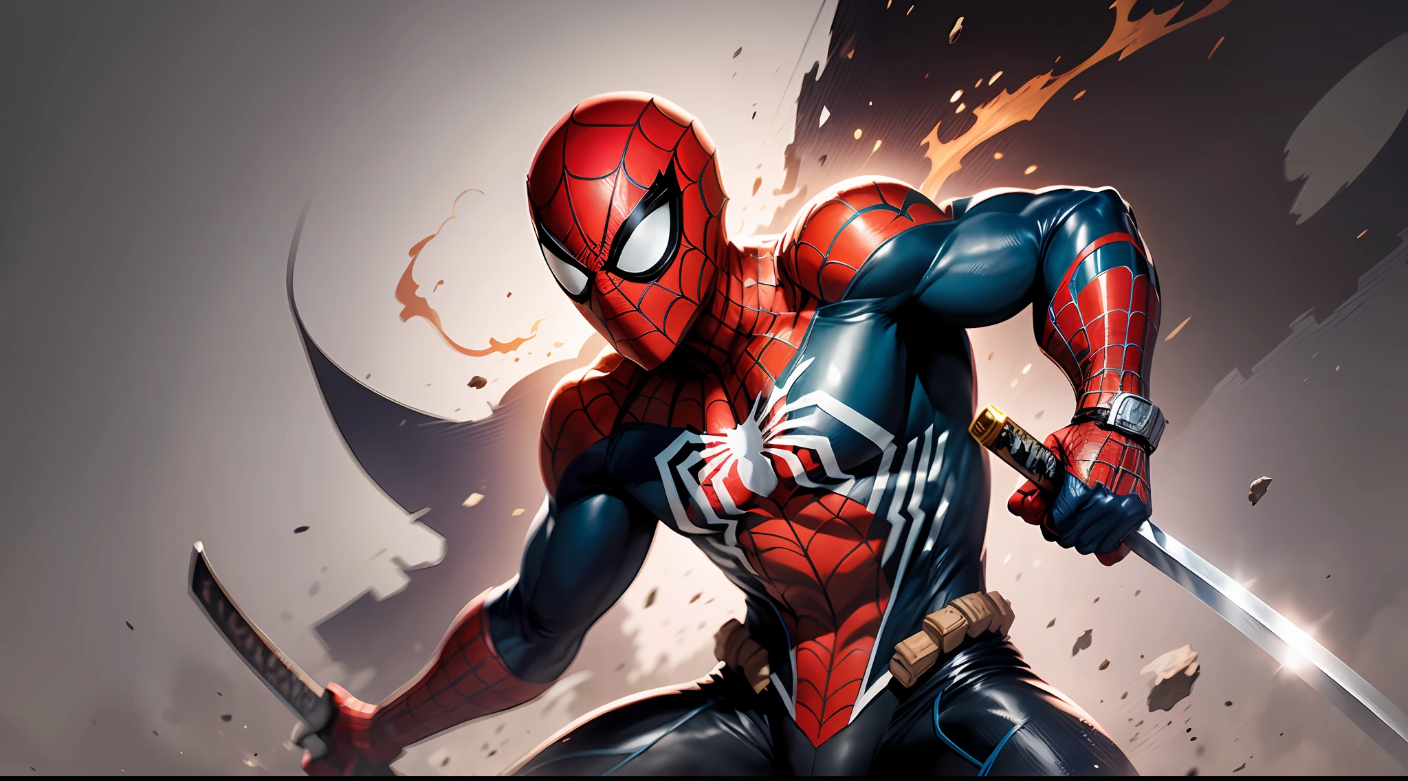 Design an incredibly detailed illustration of Spider-Man donning a traditional kimono, wielding a katana, and embodying the essence of the protagonist from 'Shadow Fight 2.' Infuse the artwork with the dynamic energy of anime-style action, while blending the distinct characteristics of Spider-Man's costume and abilities with the aura of a skilled katana-wielding warrior. Strike a balance between the worlds of Spider-Man, 'Shadow Fight 2,' and Japanese aesthetics, resulting in a visually captivating and unique portrayal.draw it as a very detailed anime illustration --auto --s2