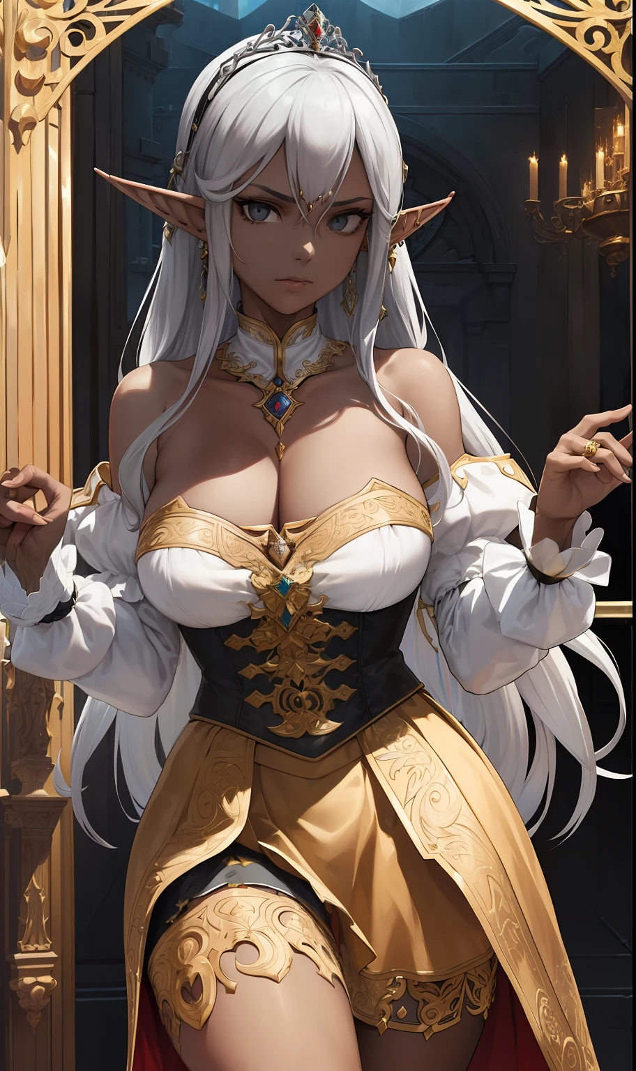 (Masterpiece, Best Quality, High Quality, Highres:1.4), Detailed, Extremely Detailed, Ambient Soft Lighting, 4K, Ornate,
Street snap, looking at viewer, camera flirting, cute pose, vignette photography, (Renaissance, Vintage:1.4), Plants, shops,
1Gril, (Solo:1.4), (Milf:1.2), Standing, Upper Body, (Face Focus:1.2),
(Extremely Detailed Hair:1.2), intricate Hair, Long Hair, Long Sidelocks, Bangs, (Hair Intakes), (detailed hands:1)
Expressionless, Emotionless, (gray Eyes, Glaring, Contempt, Disgust, Looking at Viewer:1.2),
(Tiara:1.2), Crown, (plunging neckline, Cleavage, Strapless, Red Dress, Frilled Dress), (lowcut, hipster skirt, hip-hugger skirt:1.3), Puffy Skirt, Puffy Sleeves, Juliet Sleeves, Long Sleeves:1.2), gold Jewelry, gold earrings, detailed face, (white elf wearing black face:1.3)