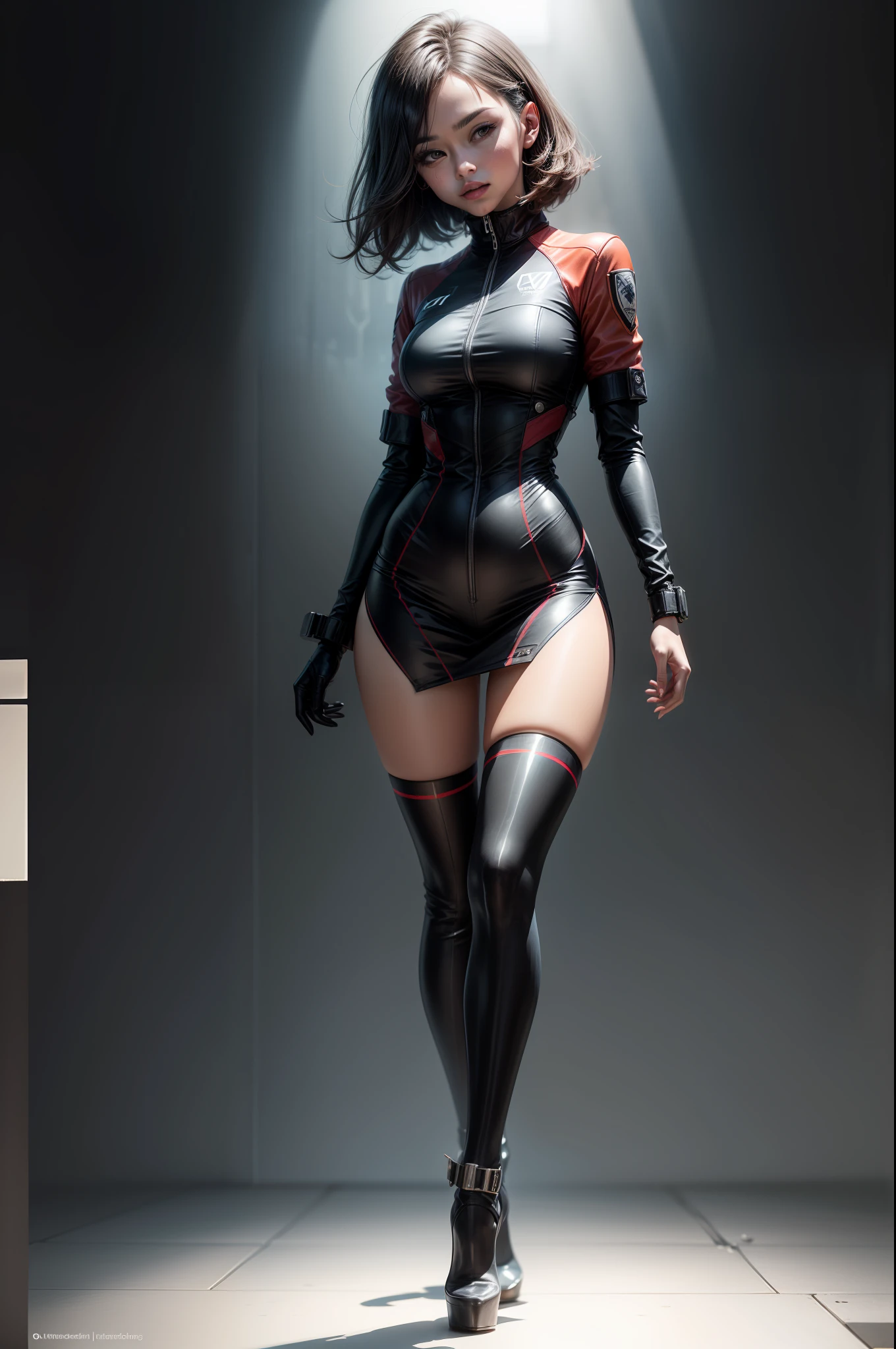 Splitting characters is prohibited,(Full body shot:1.3), Must show your face, anatomy correct, high-heels,Over-the-knee socks are mandatory, Colorful modern combat uniforms, A shallow laugh, Complex and diverse backgrounds,Strangling effect,hyper HD, Ray traching, structurally correct, Award-Awarded, high detal, lightand shade contrast, Face lighting,cinmatic lighting, tmasterpiece, super detailing, high high quality, high detal, best qualityer, 16k