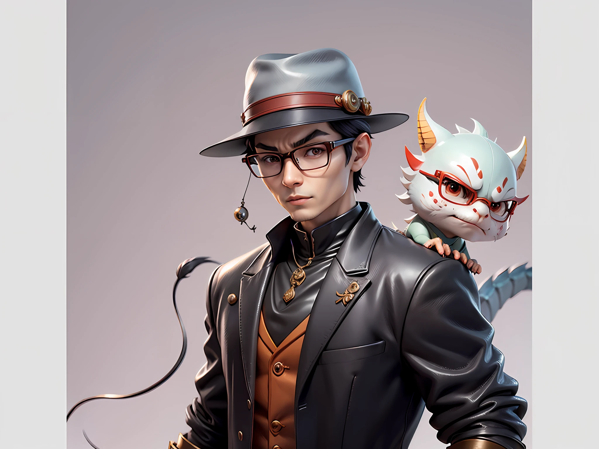 Young man with oriental face in leather hat, dragon, formal suit, short black hair, silver glasses, digital painting, 3D character design by Mark Clairedon and Pixar and Hayao Miyazaki and Akira Toriyama, the illustration is a high-definition illustration in 4K resolution with very detailed facial features and cartoon-style visuals.