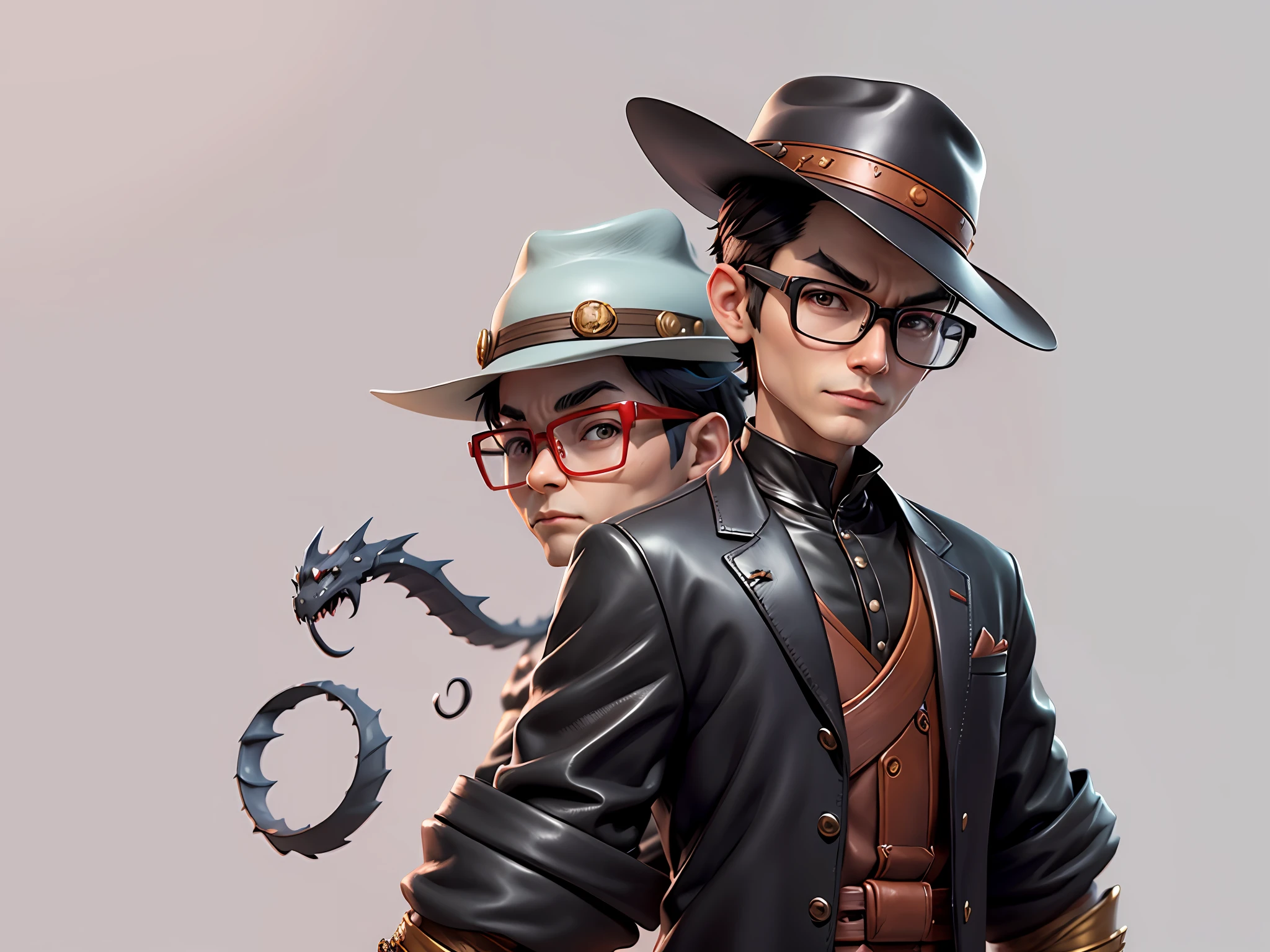 Young man with oriental face in leather hat, dragon, formal suit, short black hair, silver glasses, digital painting, 3D character design by Mark Clairedon and Pixar and Hayao Miyazaki and Akira Toriyama, the illustration is a high-definition illustration in 4K resolution with very detailed facial features and cartoon-style visuals.