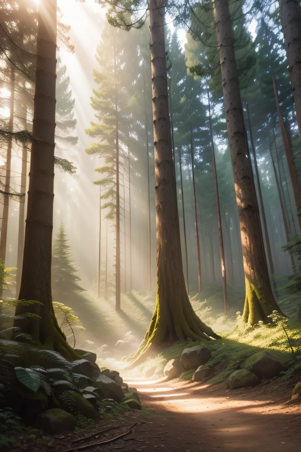 A large forest,Tall trees,The leaves are intertwined,Look out into the woods,The sunlight shines down to produce the Tyndall effect,There are small animals under the trees,ultra-realistic realism,film effect。