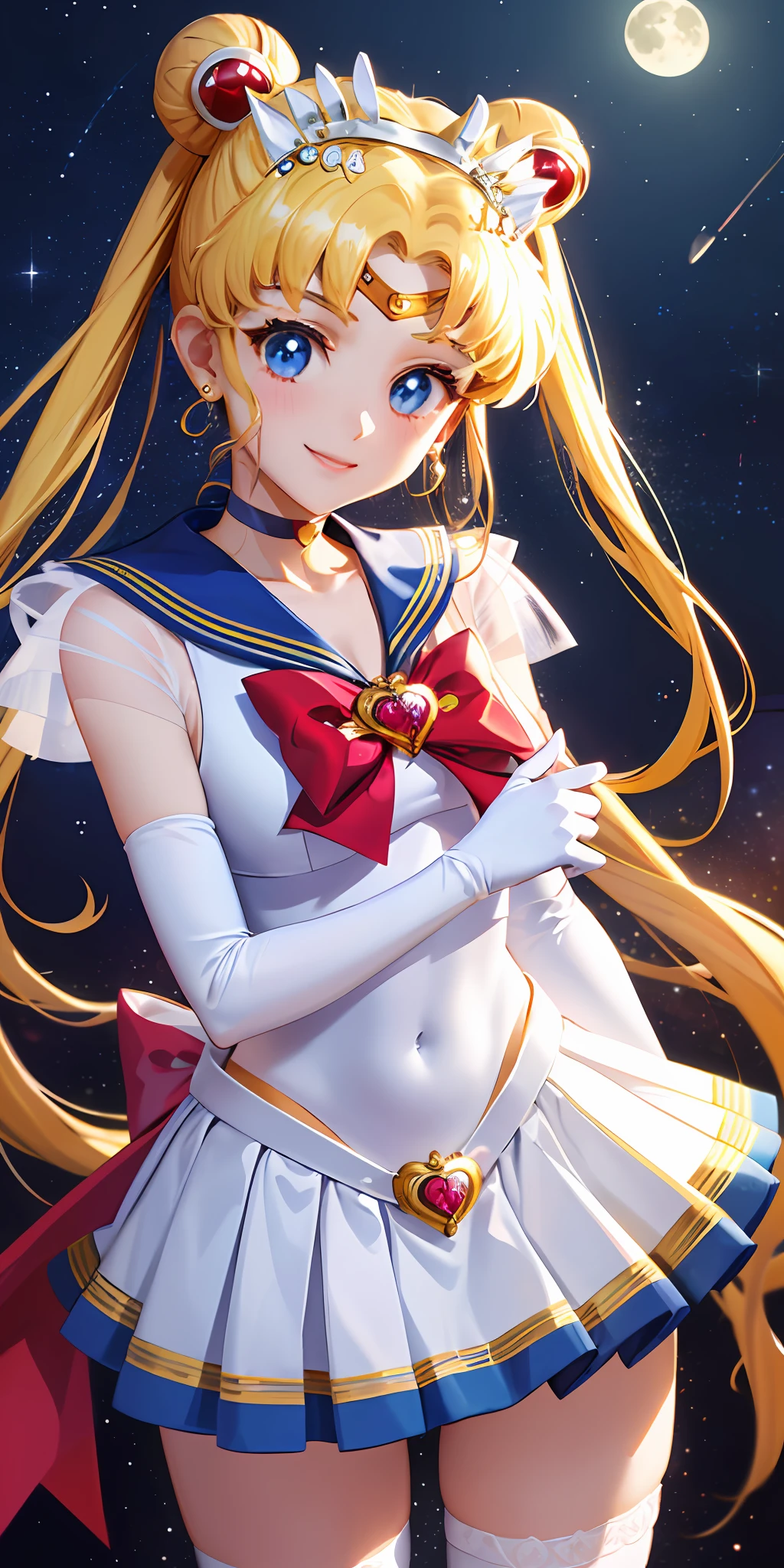 Masterpiece, Best Quality, Hi-Res, Moon 1, 1 Girl, Solo, Sailor Senshi Uniform, Sailor Moon, Usagi Tsukino, Blonde, Magical Girl, Blue Eyes, White Panties, Red Scarf, Elbow Gloves, Tiara, Blue Skirt, Pleated Skirt, Mini Skirt, Choker, White Gloves, Jewelry, Earrings, Smile, Background Is Space (Excellent Detail, Excellent Lighting, Wide Angle), Show panties,