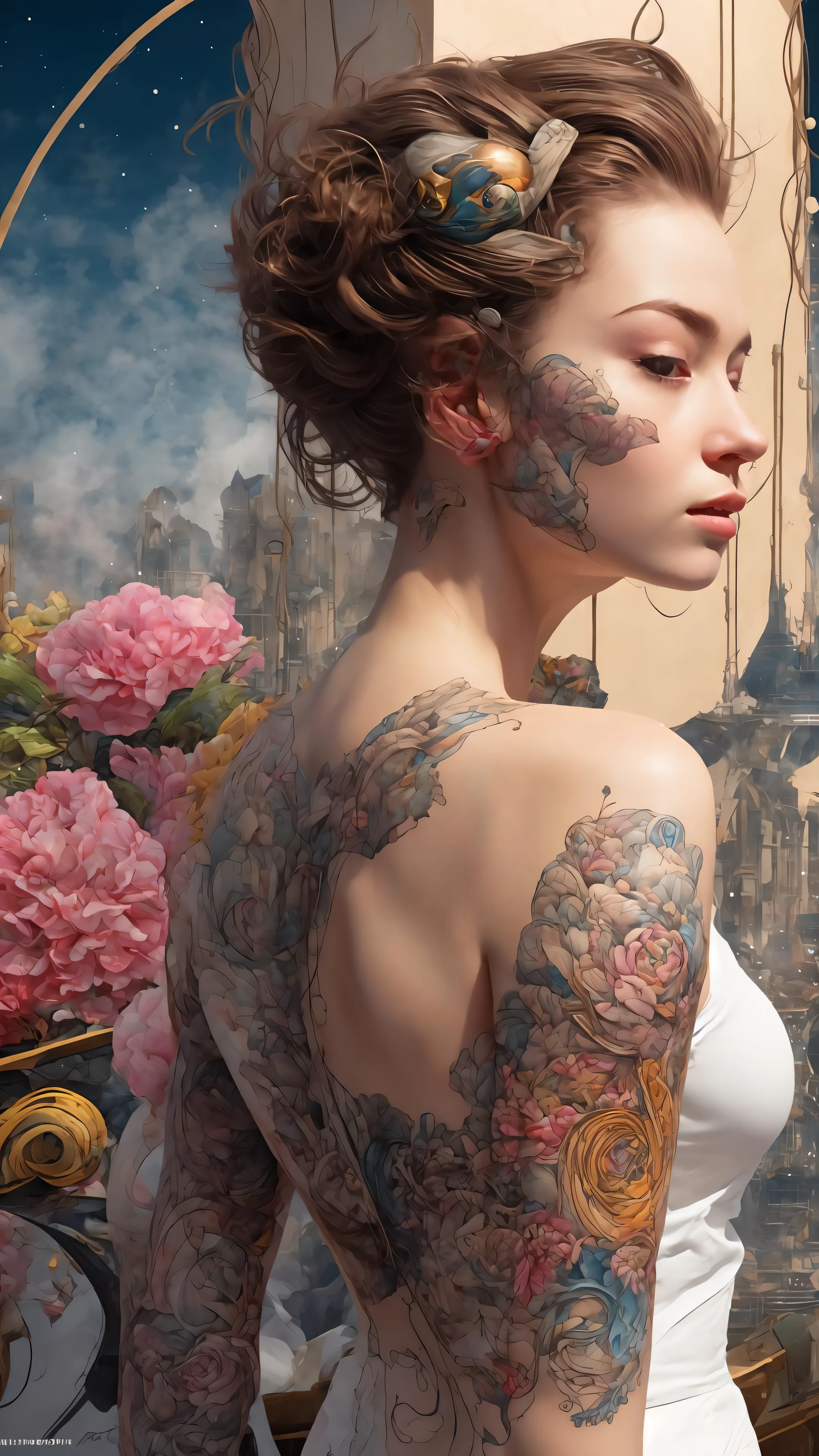 (style of richard deacon), formal wear  android,1girl,a  beautiful girl in a colourful dress with colourful intricate tattoos surrounded by colourful patterns,(Luminous burning hair:1.2),  realistic fantasy, extremely detailed and beautiful , 8 k resolution,