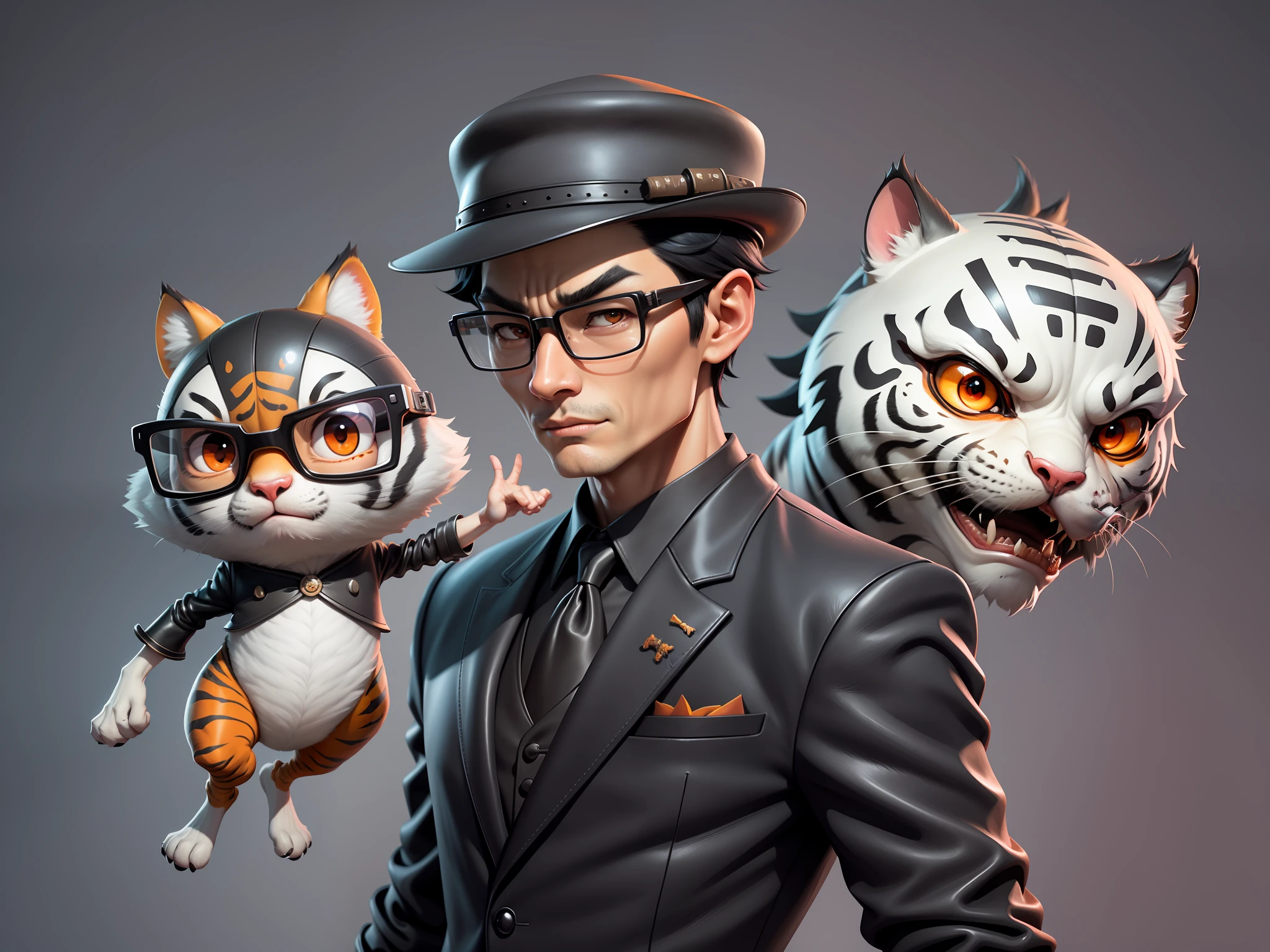Young man with oriental face in leather hat, tiger, oriental face in formal suit, short black hair, silver glasses, digital painting, 3D character design by Mark Clairedon and Pixar and Hayao Miyazaki and Akira Toriyama, the illustration is a high-definition illustration in 4K resolution with very detailed facial features and cartoon-style visuals.