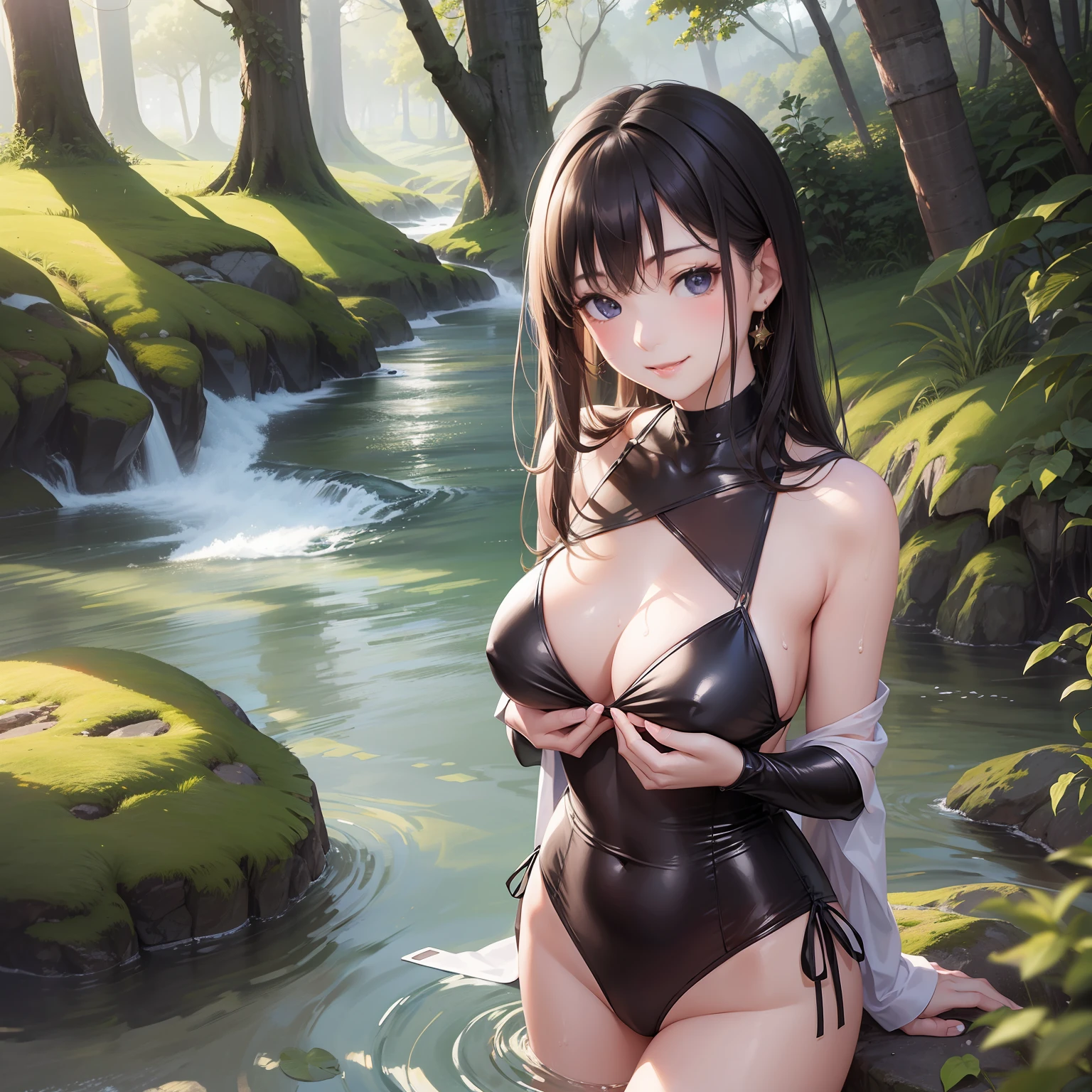 top-quality、masterpiece、超A high resolution、(Photorealsitic:1.4)、Raw photo、1人、Dark hair、glowy skin、WET BODY、Dramatic Writing、full bodyesbian、female dog、a smile、校服、valley、maikurobikini、爆乳、beautiful a girl、a blond