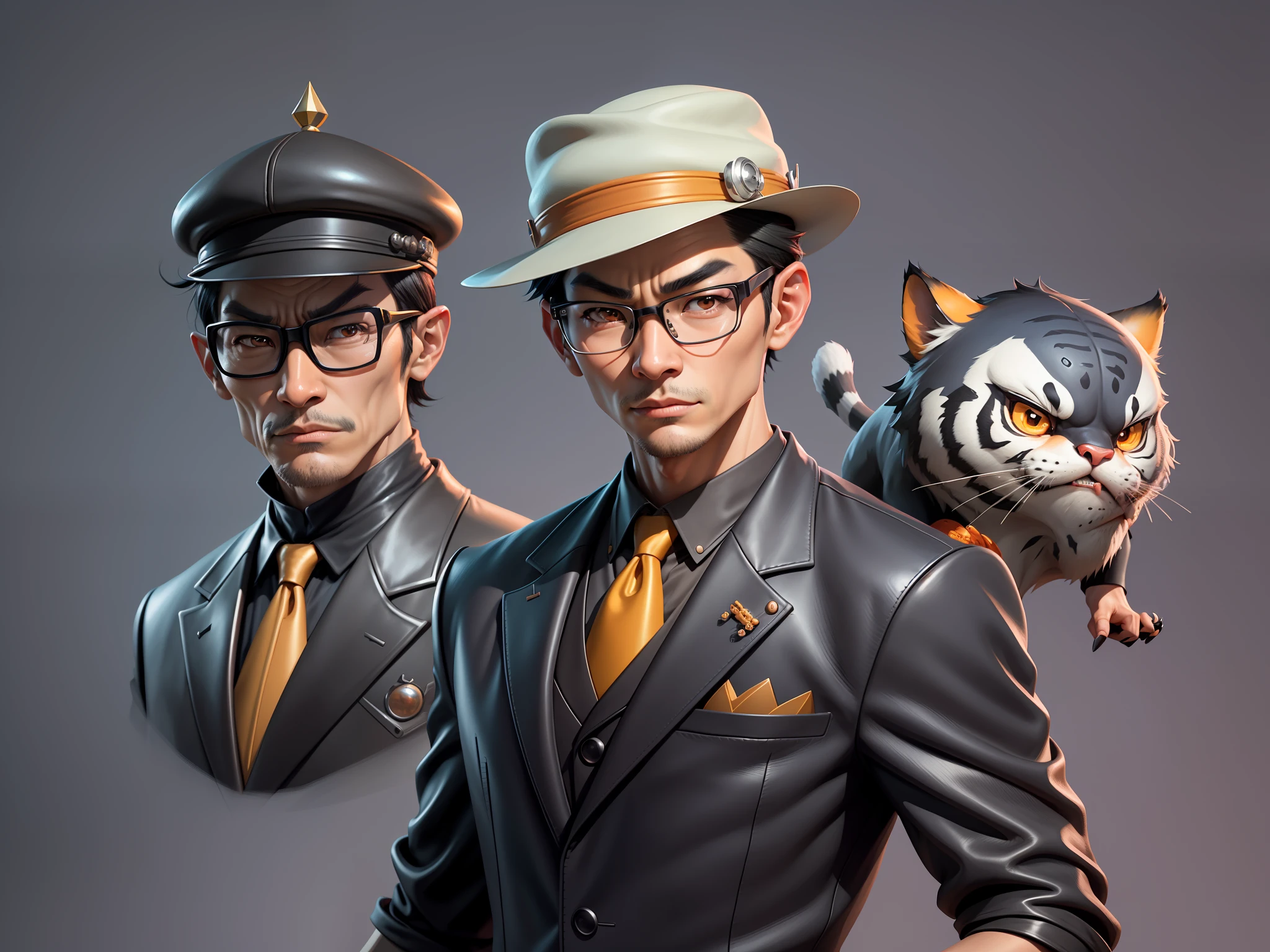 Young man with oriental face in leather hat, tiger, oriental face in formal suit, short black hair, silver glasses, digital painting, 3D character design by Mark Clairedon and Pixar and Hayao Miyazaki and Akira Toriyama, the illustration is a high-definition illustration in 4K resolution with very detailed facial features and cartoon-style visuals.