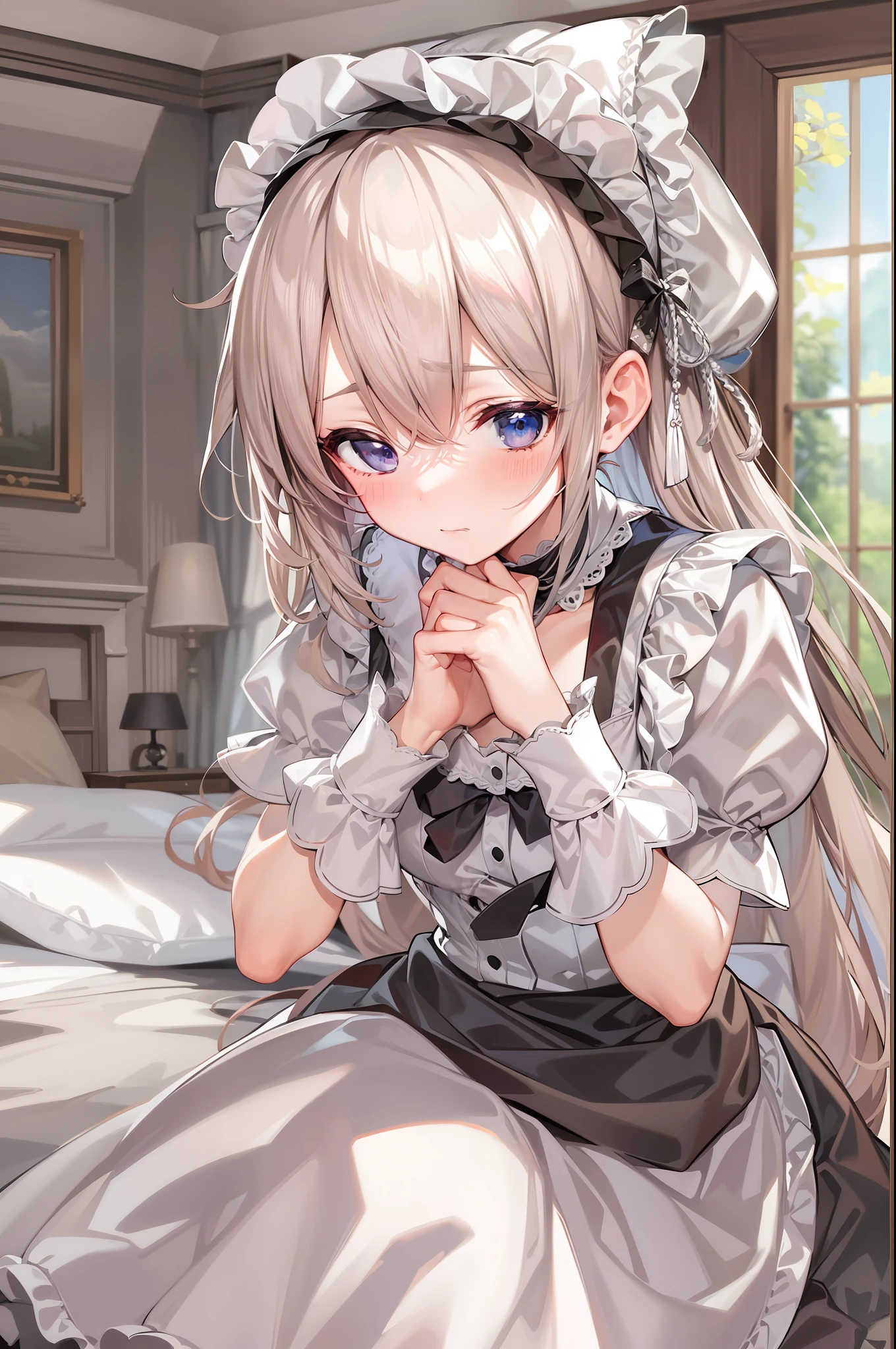 masutepiece, Best Quality, Dress, Puffy sleeves, maid apronl, Maid headdress, Cowboy Shot, Blushing, avoiding eye contact, Bedroom,