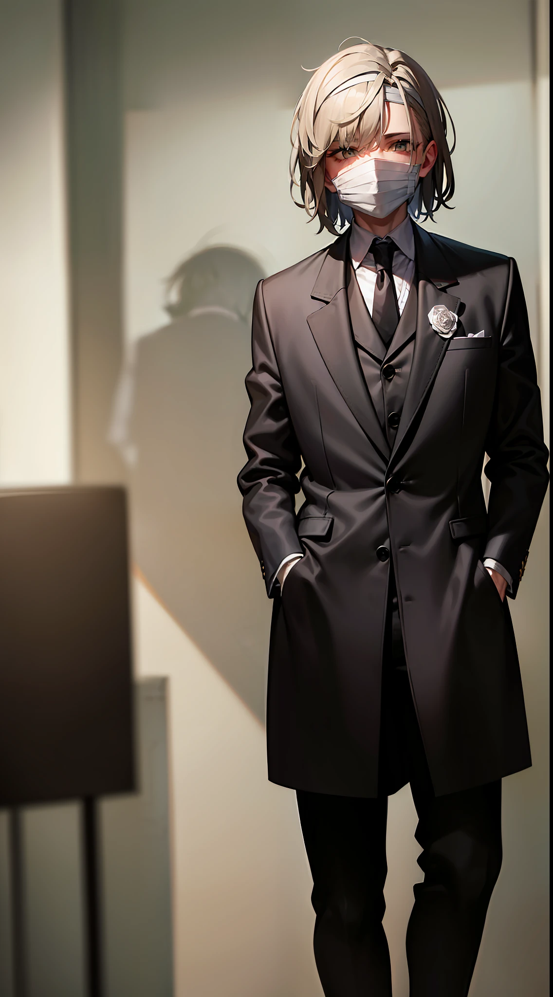 masterpiece, highlydetailed, (bestquality), intense shadows, , (bandaged face:1.2), (mysterious:0.5), (hooding:0.8), (dark background:0.7), hand in pocket, (wearing suit:0.6), (scars:0.4), (cold atmosphere:0.9)