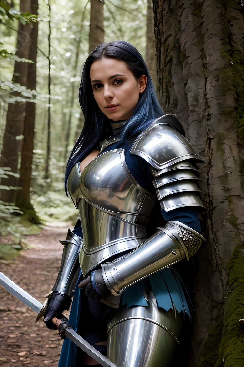 RAW photo, (closeup:1.2), portrait photo of adult french woman, silver & blue fantasy knight armor, in forest, action pose, holding sword, natural skin, cleavages, 8k uhd, high quality, film grain, Fujifilm XT3