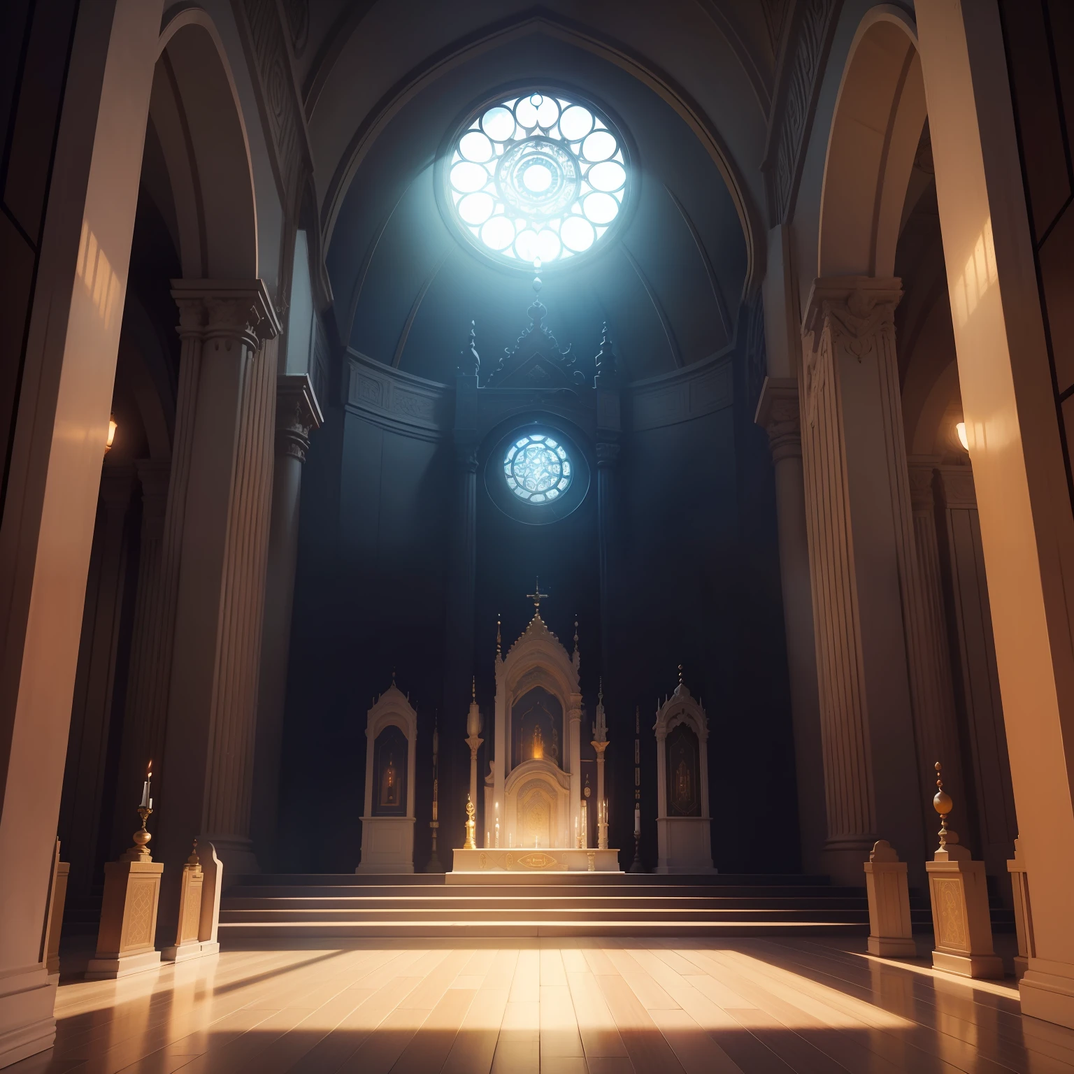 Templo no futuro, colunas, velas, altar, imenso, muita luz