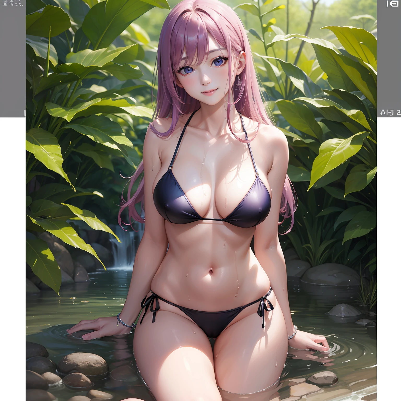 top-quality、masterpiece、超A high resolution、(Photorealsitic:1.4)、Raw photo、女の子1人、a blond、Purple hair、glowy skin、WET BODY、Dramatic Writing、full bodyesbian、female dog、a smile、校服、valley、maikurobikini、爆乳、beautiful a girl、