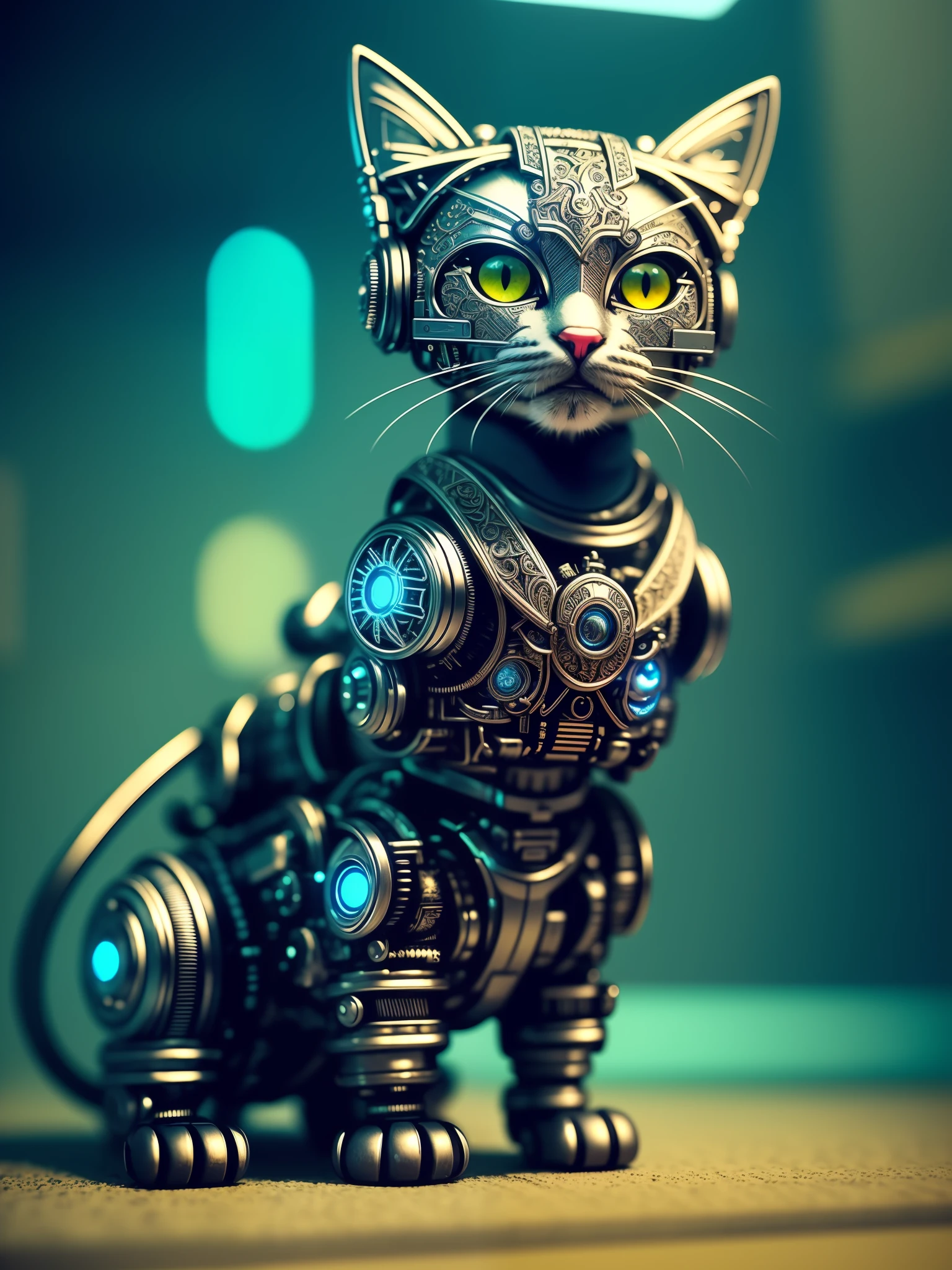 a cute kitten made out of metal, cyborg, cyberpunk style, ((intricate details)), hdr, ((intricate details, hyperdetailed)), cinematic shot, vignette