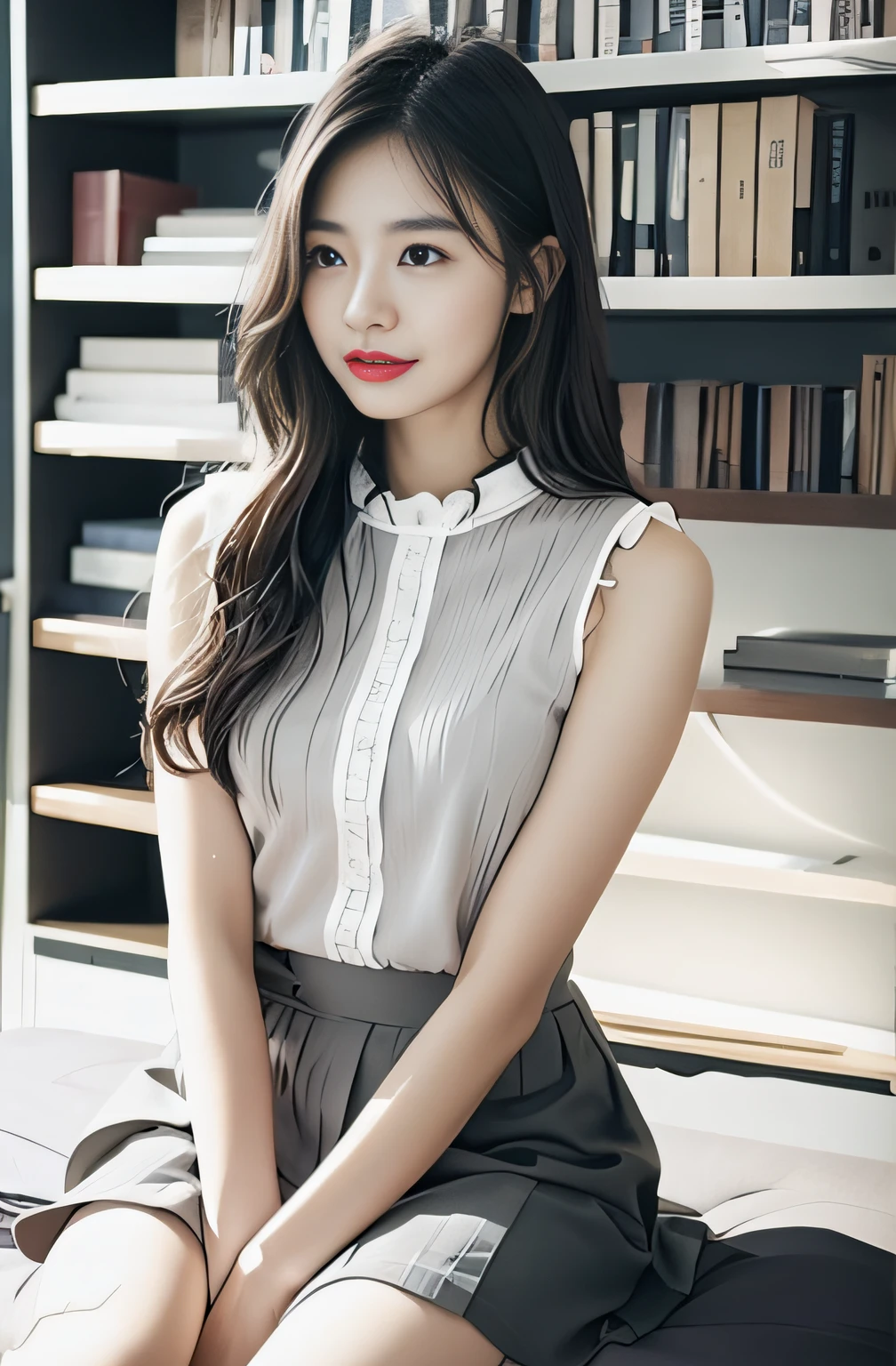 Laughing、White shirt、grey skirt、A dark-haired、atlibrary