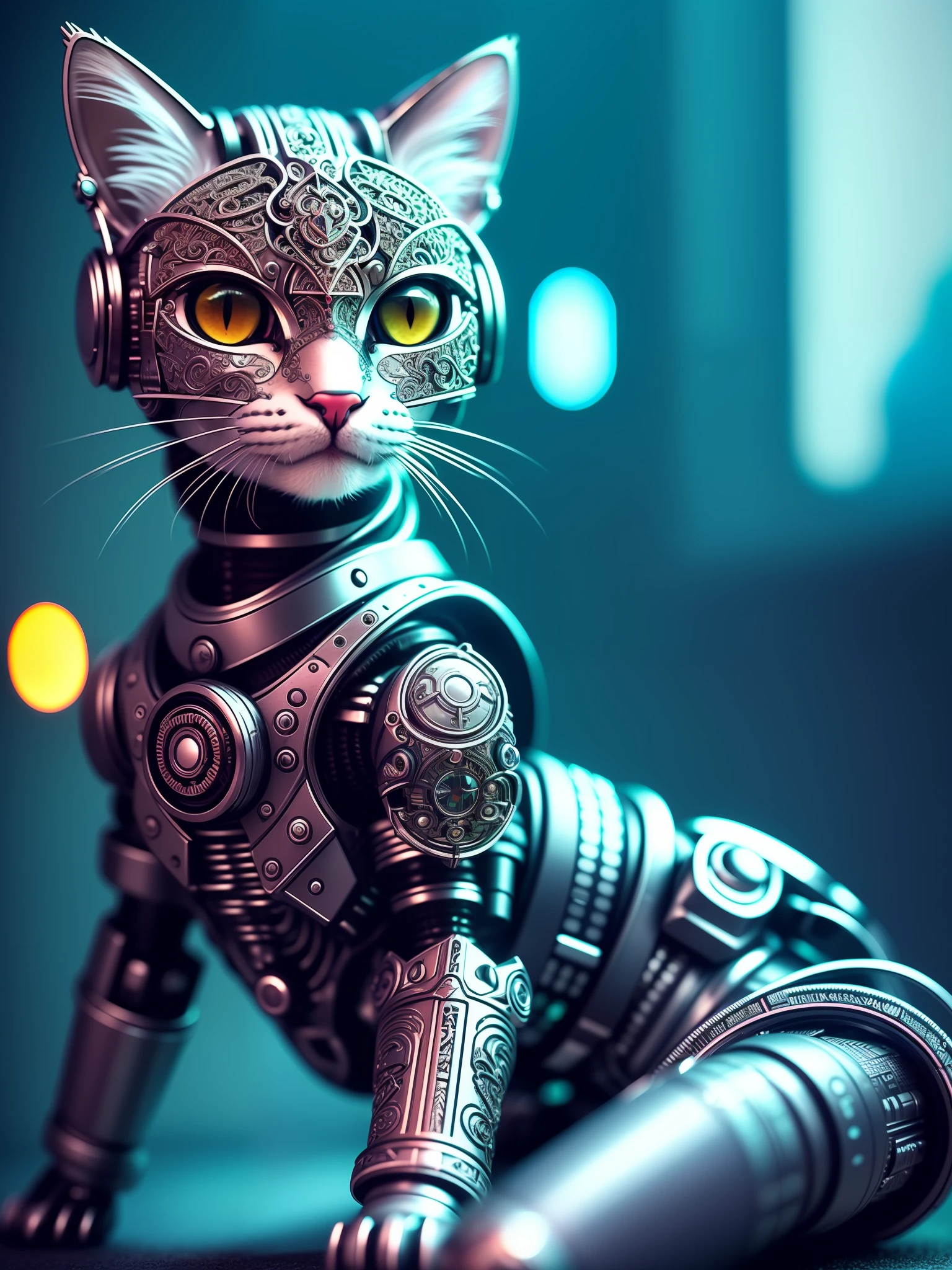 a cute kitten made out of metal, cyborg, cyberpunk style, ((intricate details)), hdr, ((intricate details, hyperdetailed)), cinematic shot, vignette