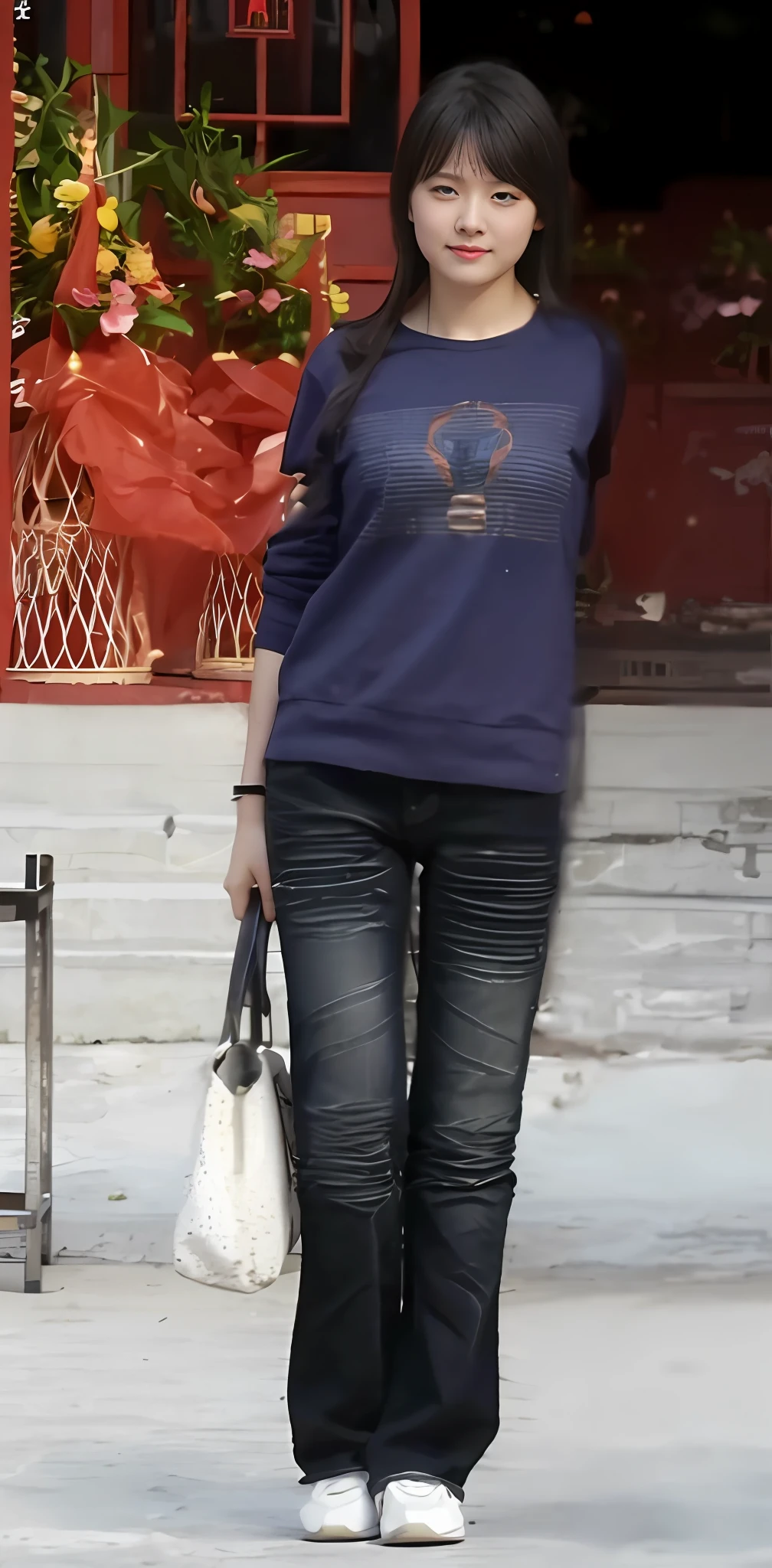 Zhu Ai_Villas,RAW photos,Brand photos,(highdetailskin:1.2),8k ultra high definition,digital SLR camera,gentlesoftlighting,high high quality,filmgrain,富士XT3,20 years old Asian woman,Wear simple clothes,T-shirt and skinny jeans,Detailed clothing details:1.3,perfect body figure,Super detailed facial details and skin,Fair and tender face and skin,二重まぶた,Super detailed eyes,fully body photo