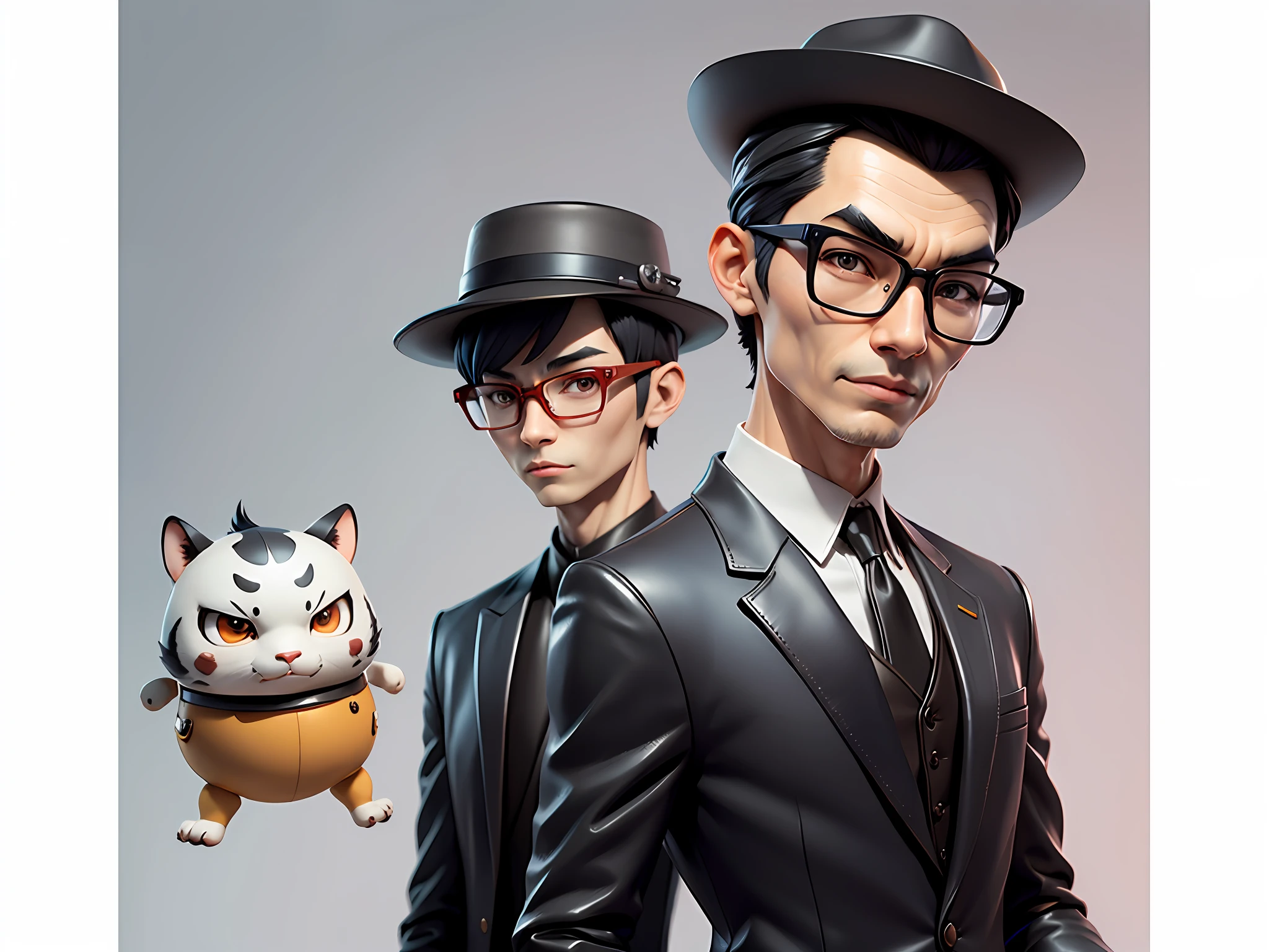 Young man with oriental face in leather hat, tiger, oriental face in formal suit, short black hair, silver glasses, digital painting, 3D character design by Mark Clairedon and Pixar and Hayao Miyazaki and Akira Toriyama, the illustration is a high-definition illustration in 4K resolution with very detailed facial features and cartoon-style visuals.