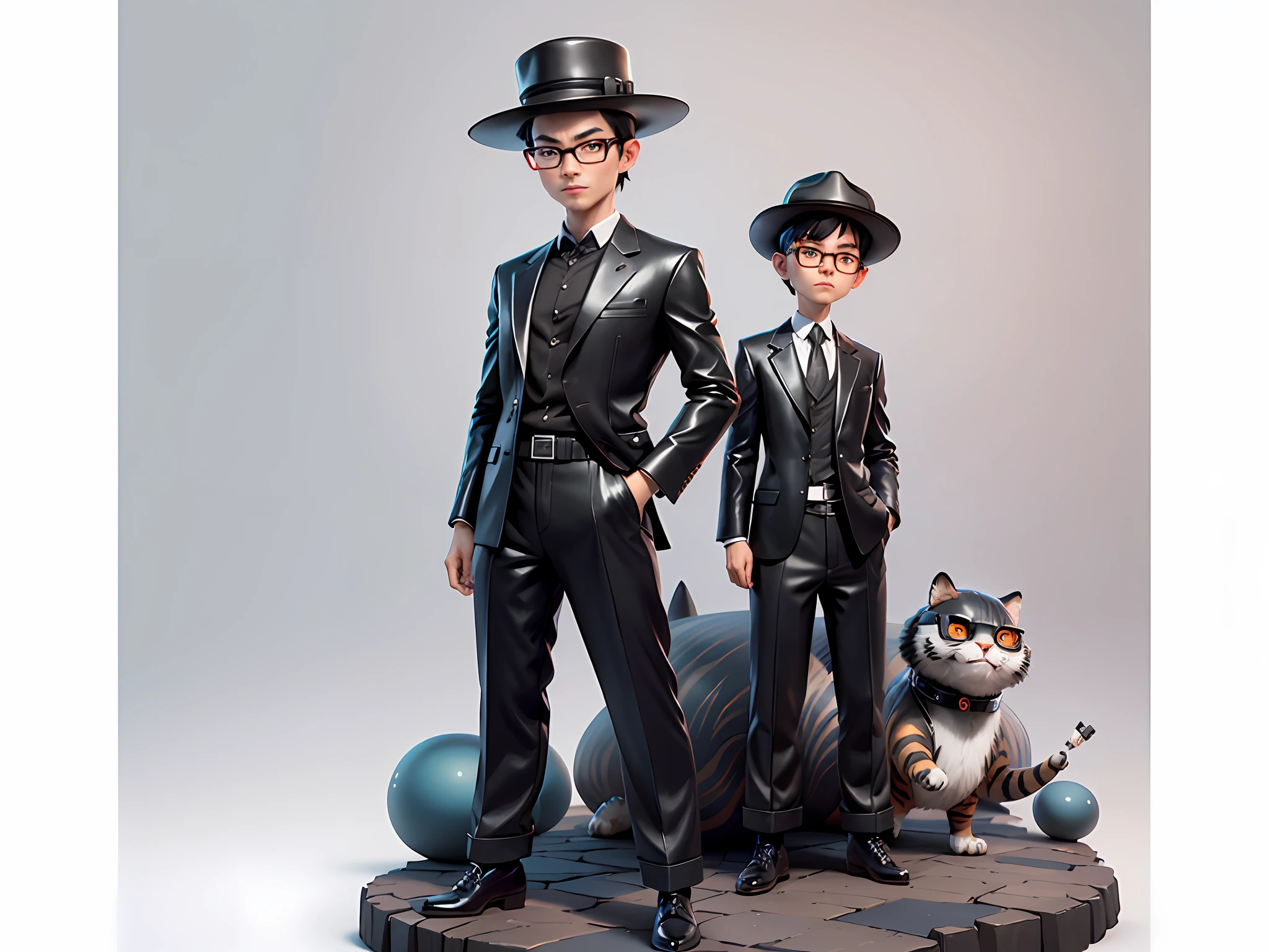 Young man with oriental face in leather hat, tiger, oriental face in formal suit, short black hair, silver glasses, digital painting, 3D character design by Mark Clairedon and Pixar and Hayao Miyazaki and Akira Toriyama, the illustration is a high-definition illustration in 4K resolution with very detailed facial features and cartoon-style visuals.