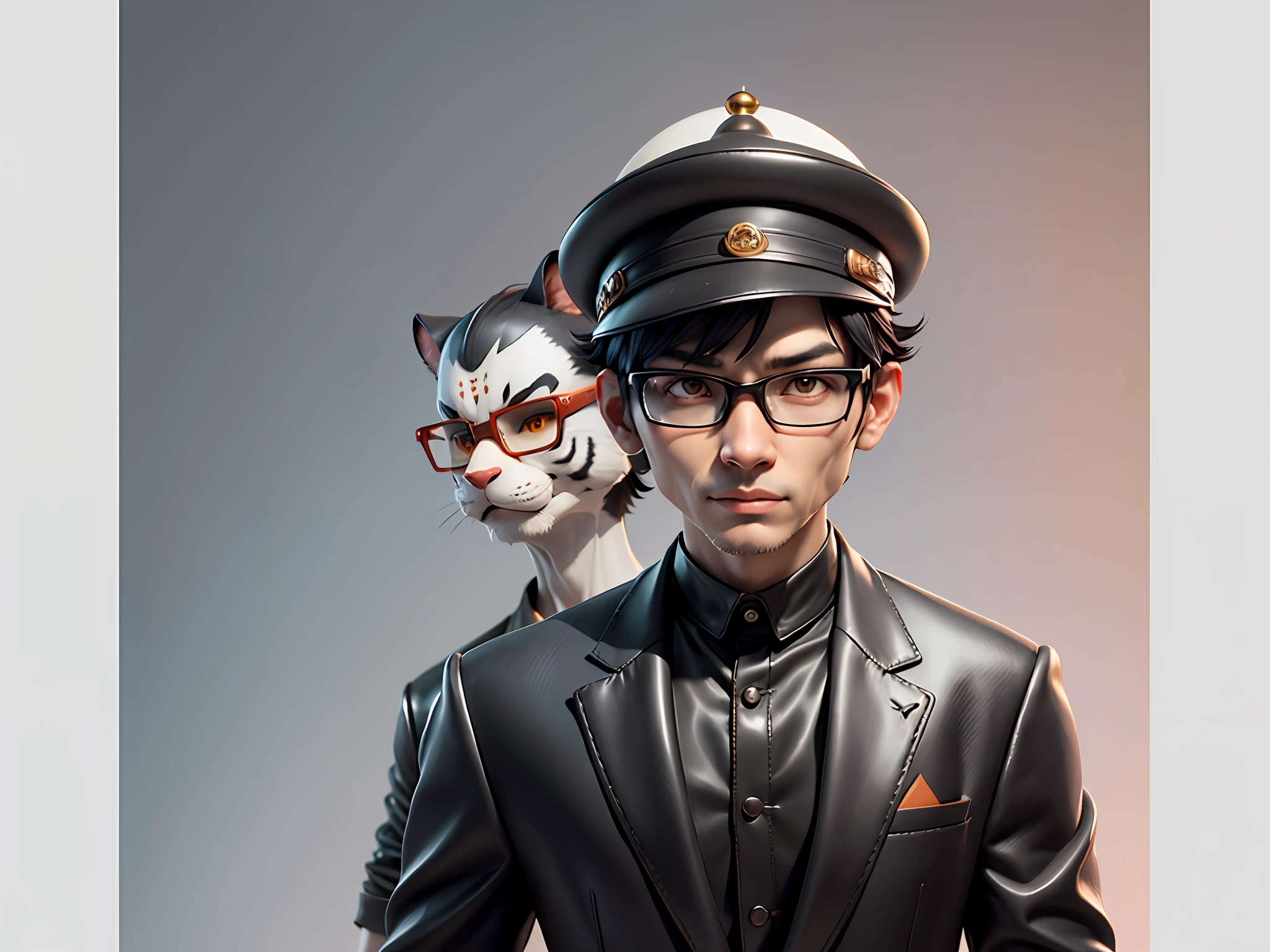 Young man with oriental face in leather hat, tiger, oriental face in formal suit, short black hair, silver glasses, digital painting, 3D character design by Mark Clairedon and Pixar and Hayao Miyazaki and Akira Toriyama, the illustration is a high-definition illustration in 4K resolution with very detailed facial features and cartoon-style visuals.