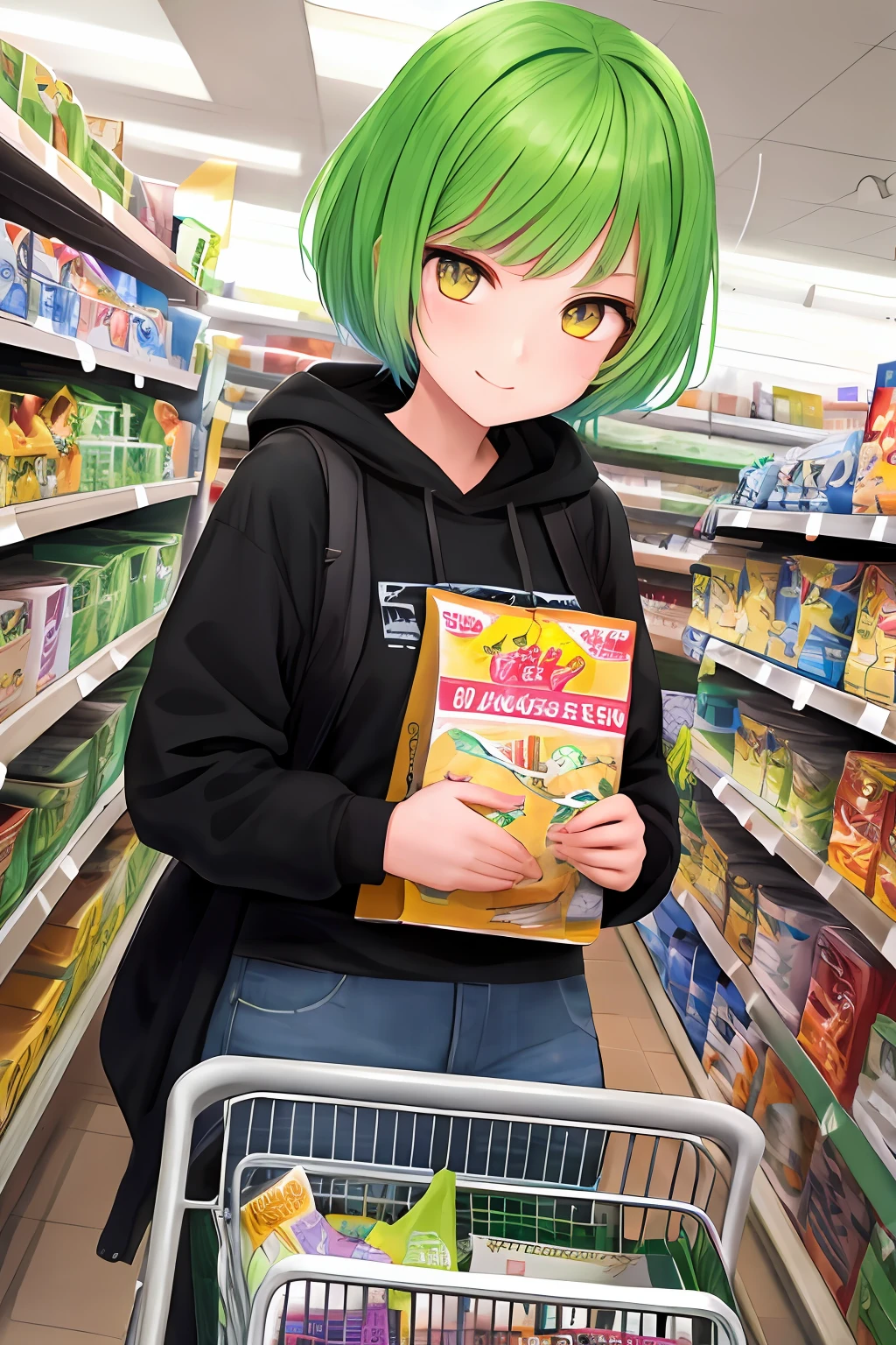 1girl, bright green hair, short hair, supermarket cashier, yellow eyes, masterpiece, best illustration, best manga