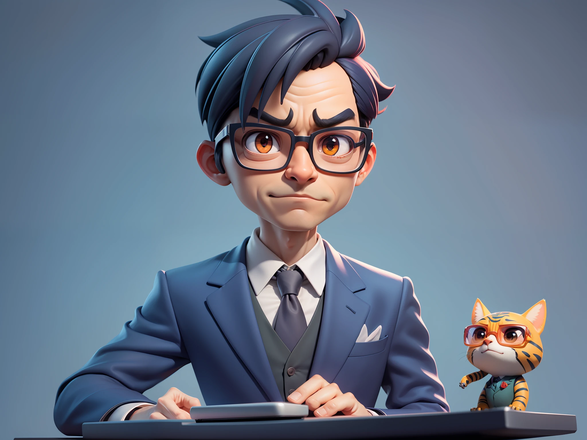 A young man in a suit, Short hair and glasses sat at his desk,holding laptop,digitial painting,tigre,3D character design by Mark Clairen and Pixar and Hayao Miyazaki and Akira Toriyama,4K HD illustration,Very detailed facial features and cartoon-style visuals。