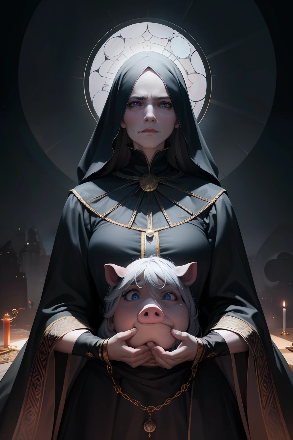 hight resolution, hyper realisitc, 4k, dark sky, Sky with clouds, Black Sun, Symbolism, Alchemy, Gnostics, older woman, The Wicked Old Woman, little chest, Large female face, Little blue eyes, furrowed brow, The Dead Face of the Killer, pale skin, sunken cheeks, compressed large bright red bloody lips, ugly, bony, slim face, grimace of contempt, wrinkles, high forehead, Powerful cheekbones, Large lower jaw, Oily lips, Snub nose, The face of a pig, A contemptuous grin, The rich outfit of a noble woman, The Doge of Venice, candle lights, Mysticism