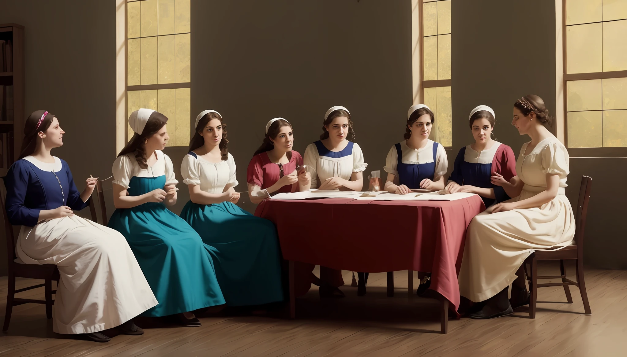 A group of nineteenth-century girls are playing happily, juntamente com a professora delas. They want to know which of them will be holy first. Each of them holds a small straw in his hand. Mas uma delas tem um canudo um pouco maior que os demais. This will be the first saint. Realistic photo with the typical colors of the time, 16 mil, disco Rigido, detalhada