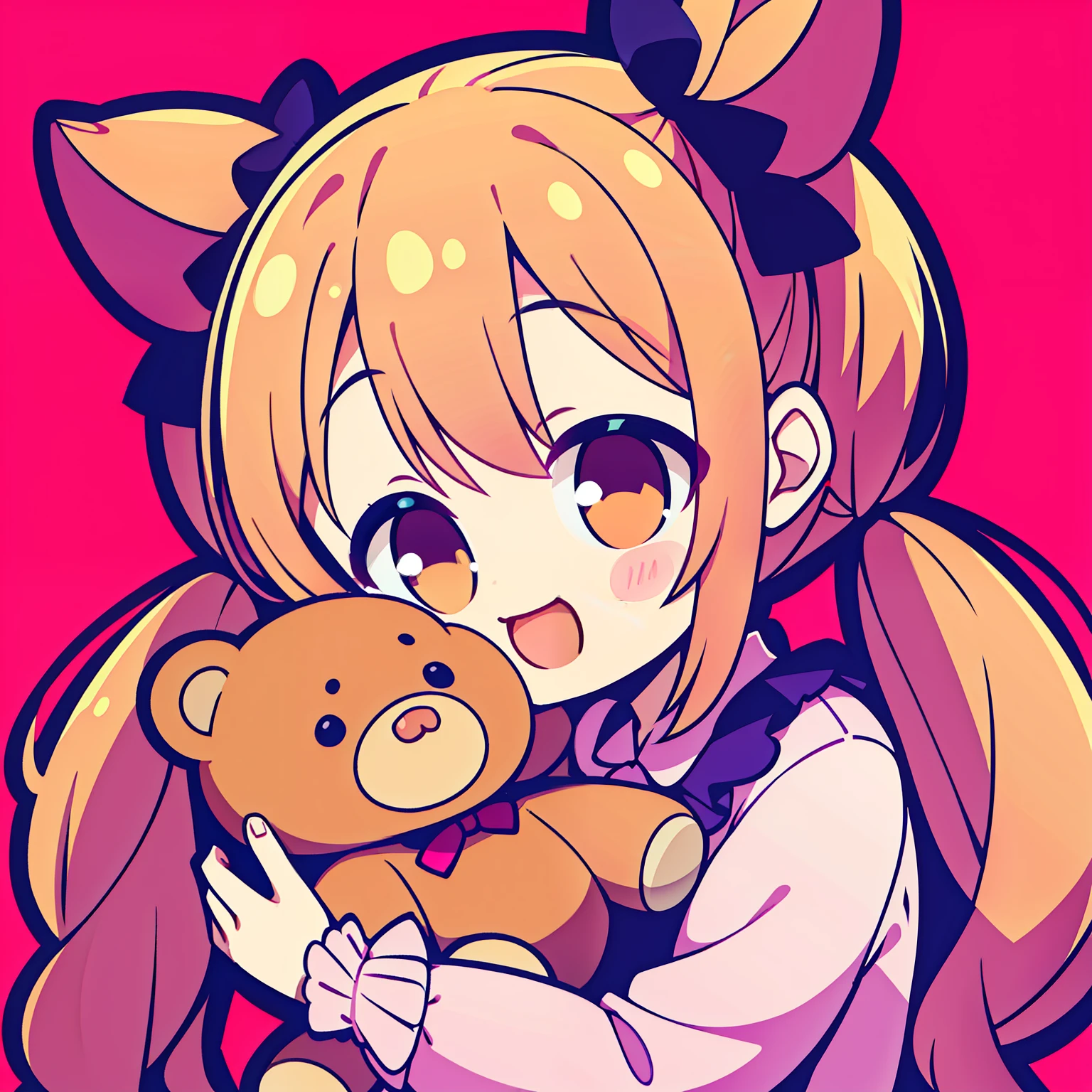 Sweet,adorable, cheerful, pigtails, lively, , pink outfit,1 head to body ratio, hugging teddy bear,simple background