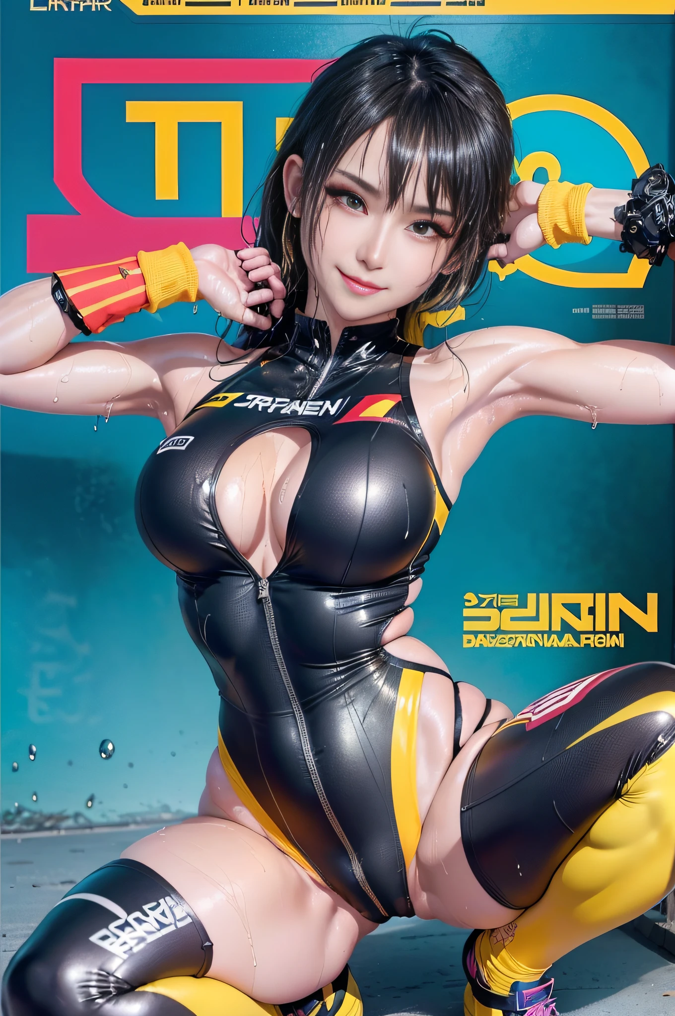 Squatting！、dynamicposes、legs spread out、eye glasses、 (lightsmile:1.27),cyberpunked、Sleeveless、(Shiny beach volleyball costume)、(magazine:1.3), (cover-style:1.3),Hands behind your back、(Dripping wet body:1.3)、(FULL BODYSHOT)、((​masterpiece))、 super fine face and eyes，Colorful Korean Idol Hairstyles，