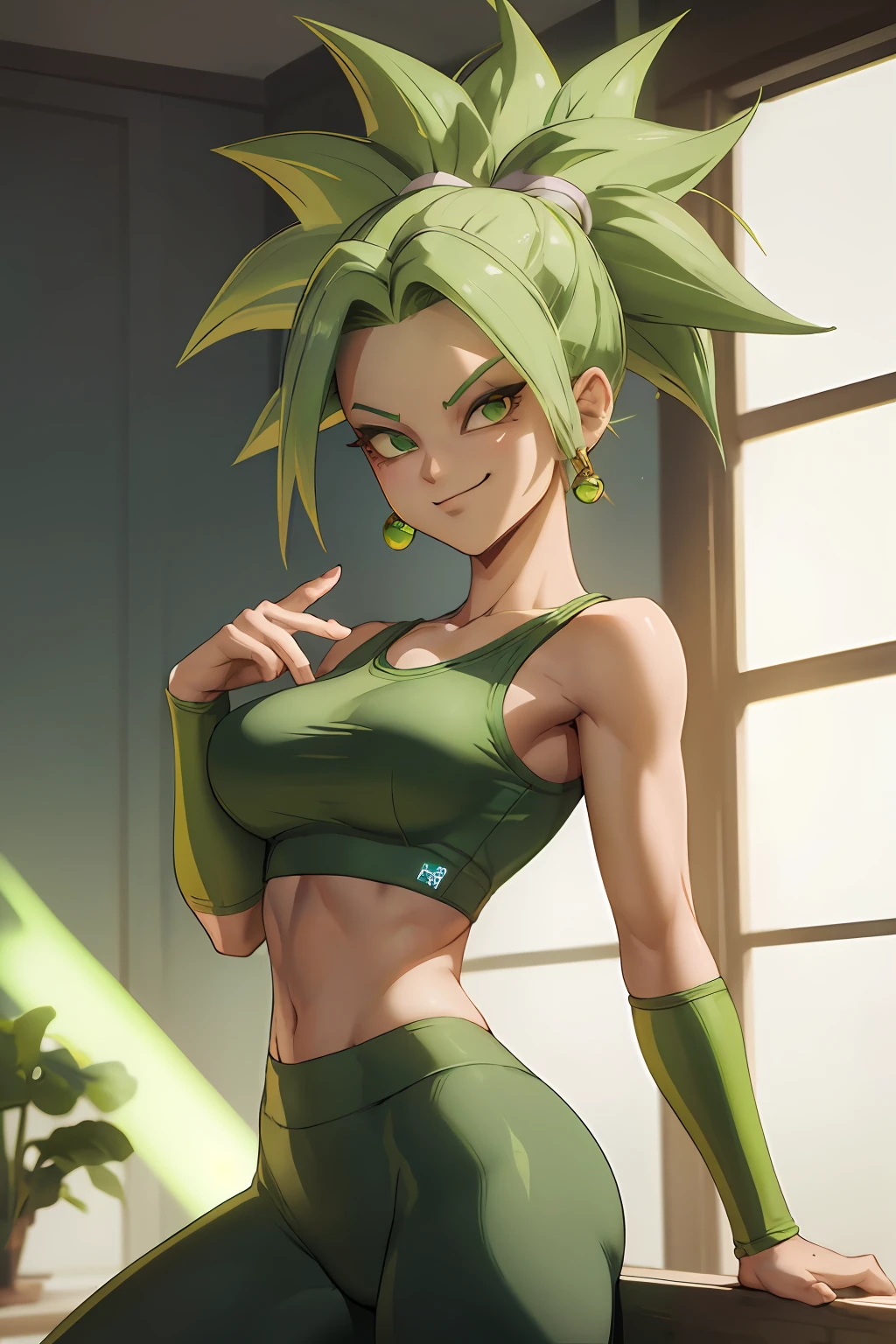 (best quality, masterpiece), green hair, green earrings, yoga pants, yoga bra, skin tight, toned, smug, smirk, kefla, thin waist, backlight,