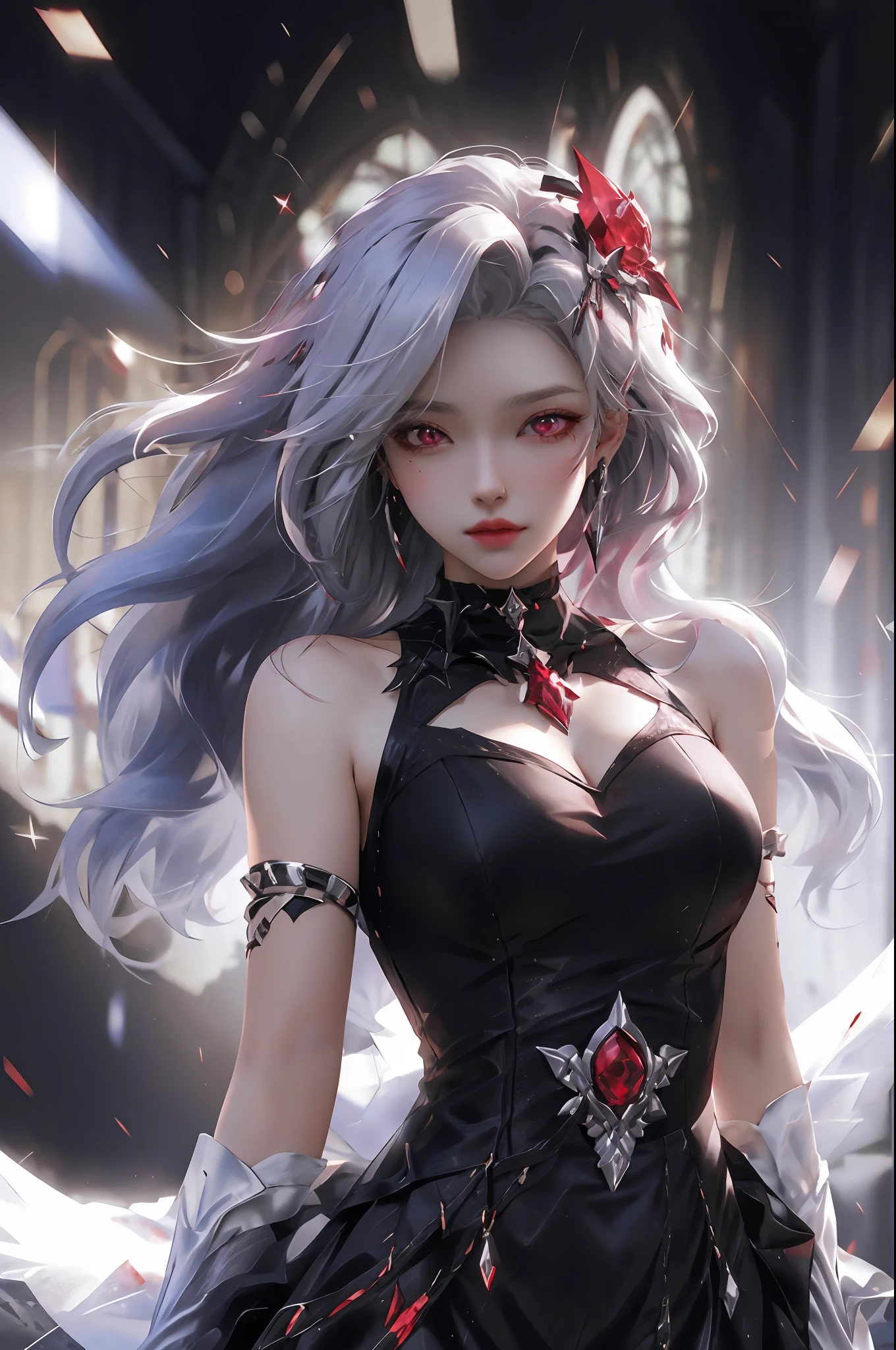 best quality, 1 girl, solo, long hair, black dress, looking at viewer, upper body, white hair, white  hair, blood red eyes, stretcher missing, dark red shirt, dark red shirt