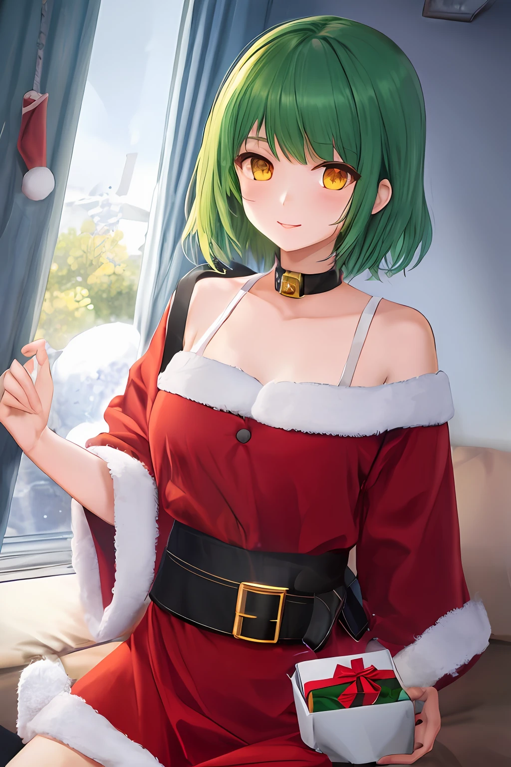 1girl, bright green hair, short hair, Santa Chloted, yellow eyes, masterpiece, best illustration, best manga, bring present